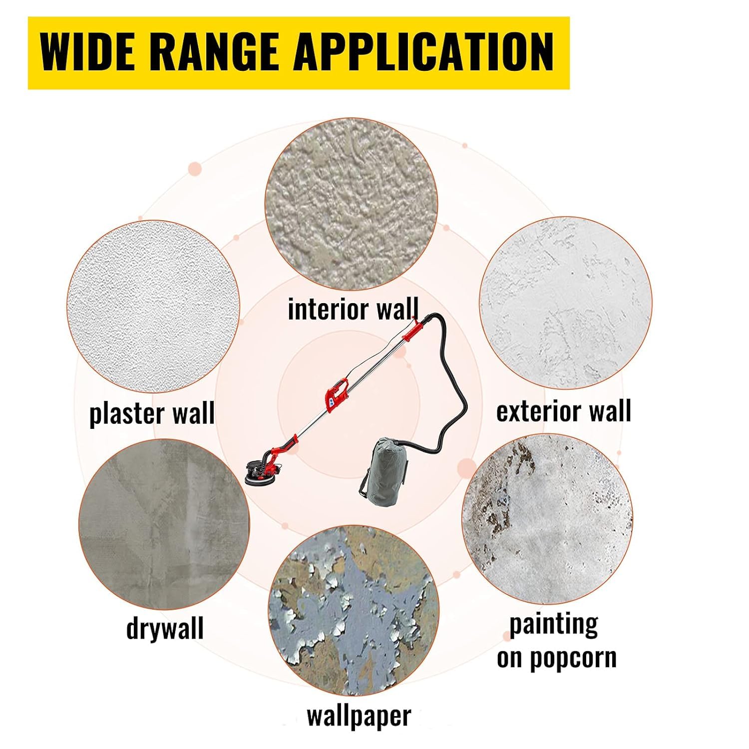 VEVOR Levigatrice per Cartongesso 850W, Velocità 800-1750 giri/min, Impugnatura Estensibile, Luce LED, Tubo per la Polvere Lungo