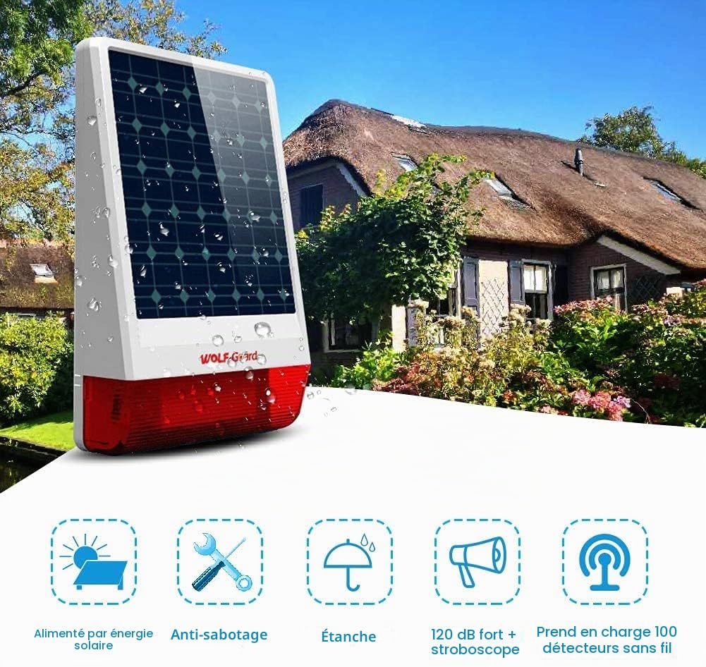 Wolf-Guard JD-W06 Sirène sans Fil, sirène en Temps réel à lumière stroboscopique à LED Solaire extérieure à 433 MHz
