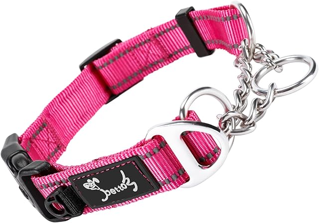 PETTOM Martingale Half Choke Dog Collars, Strong Dog Collar with Safe Buckle, Adjustable Reflective Half Check Dog Collar Large (L: 52-71CM, Pink)