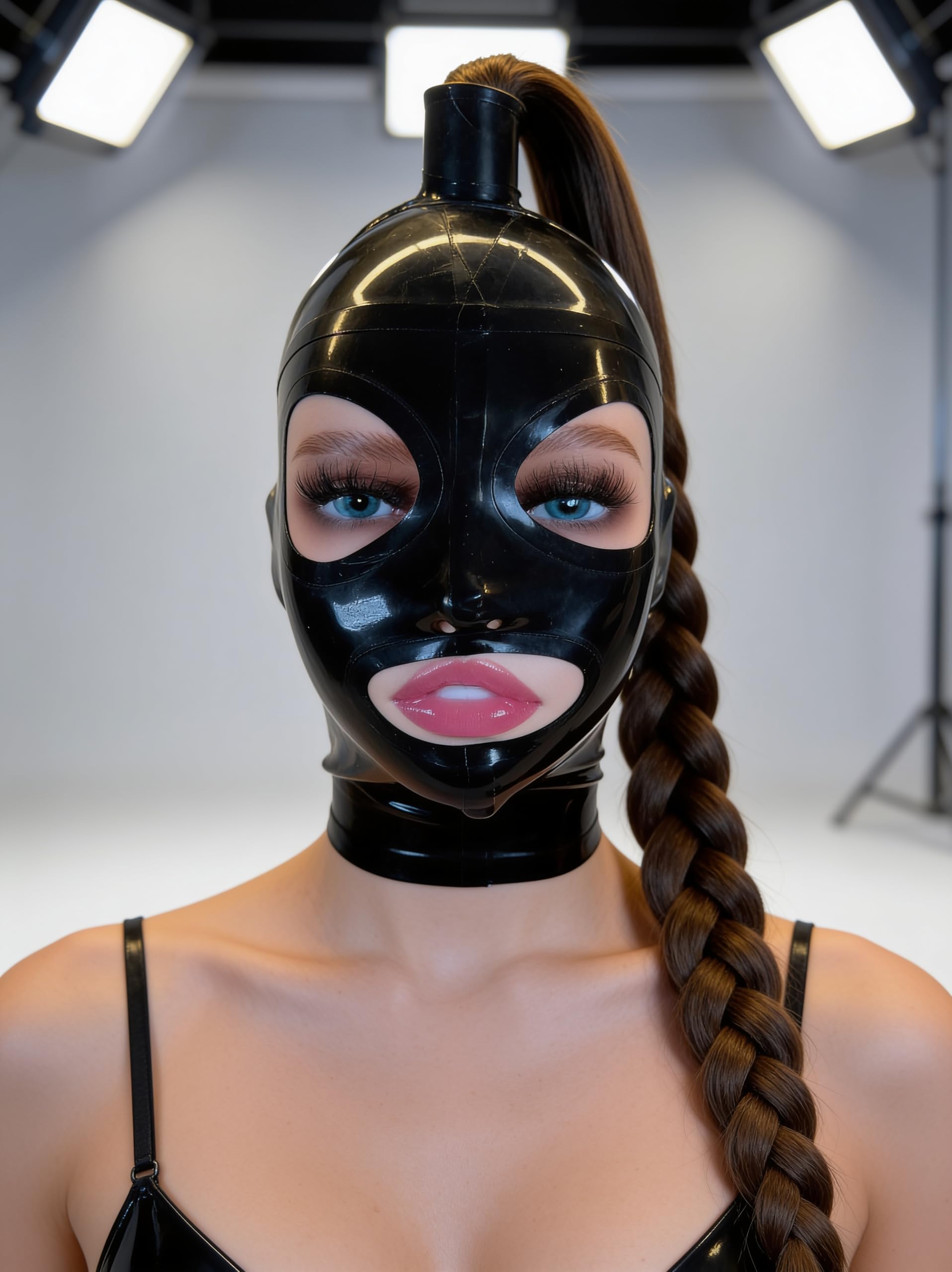 VH-P Latex-Maske mit braunem geflochtenem Haarzopf – Kopfmaske aus hochwertigem Naturlatex, Schwarz – für BDSM, Fetisch, Cosplay & Halloween