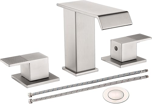 Grifo de baño tipo cascada de níquel cepillado de 3 agujeros, 2 manijas para fregadero de 3 agujeros, grifo de baño moderno con drenaje desplegable