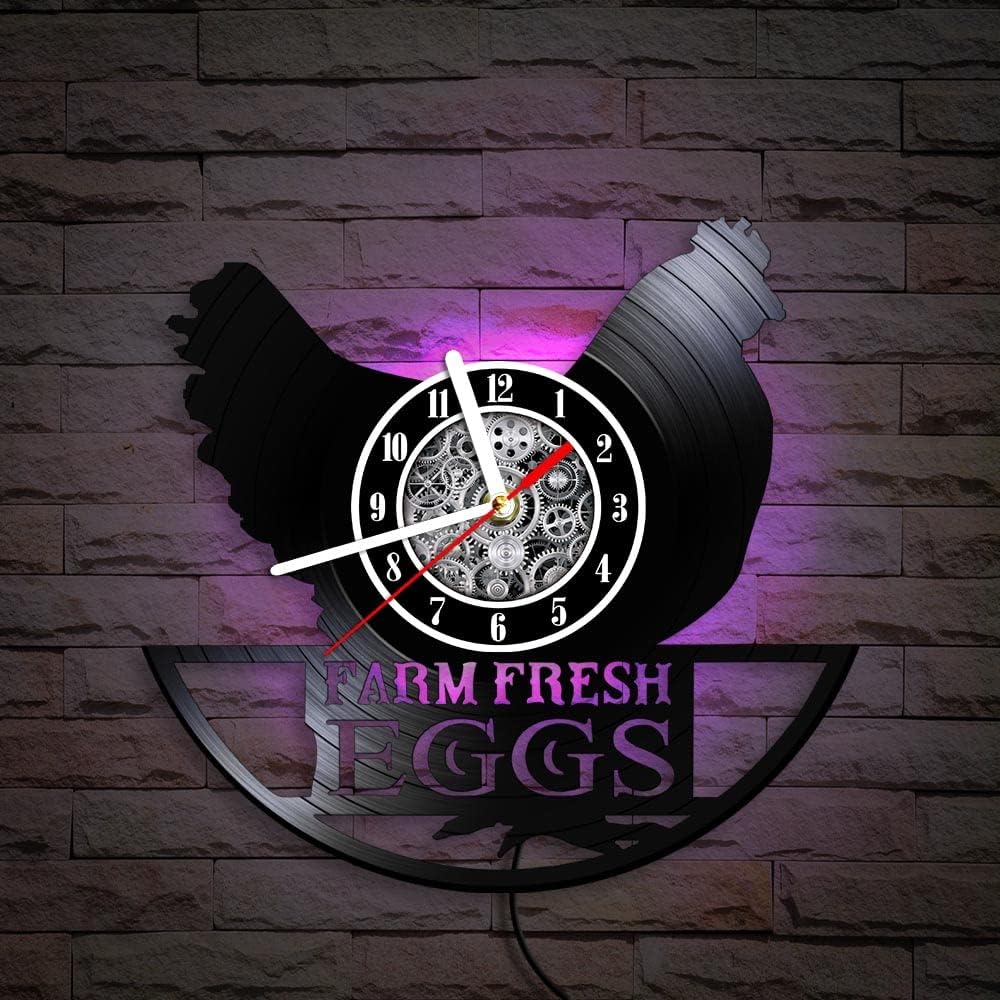 The Geeky Days Chicken Farmhouse LED Silent Vinyl Record Wall Clock 7 Color Light Modern Farm Fresh Eggs Farmhouse Style Rooster Hanging Watch for Farmer Gift