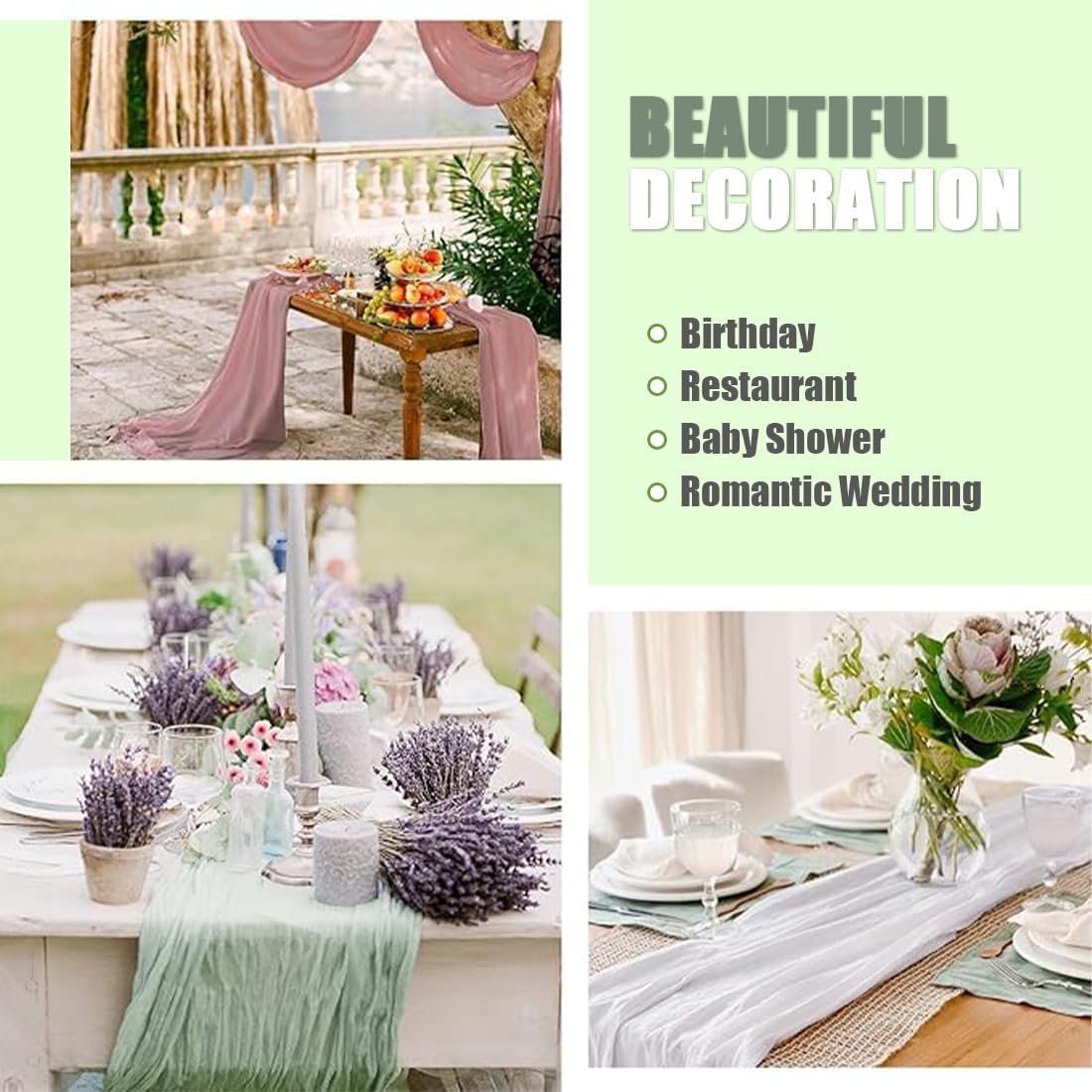 Cheese Cloth Table Runner Romantic Boho Rustic Sheer Gauze Semi Sheer Gauze Fabric Runners for Wedding Birthday Baby Shower Party Boho Table Decoration 10Pcs Beige