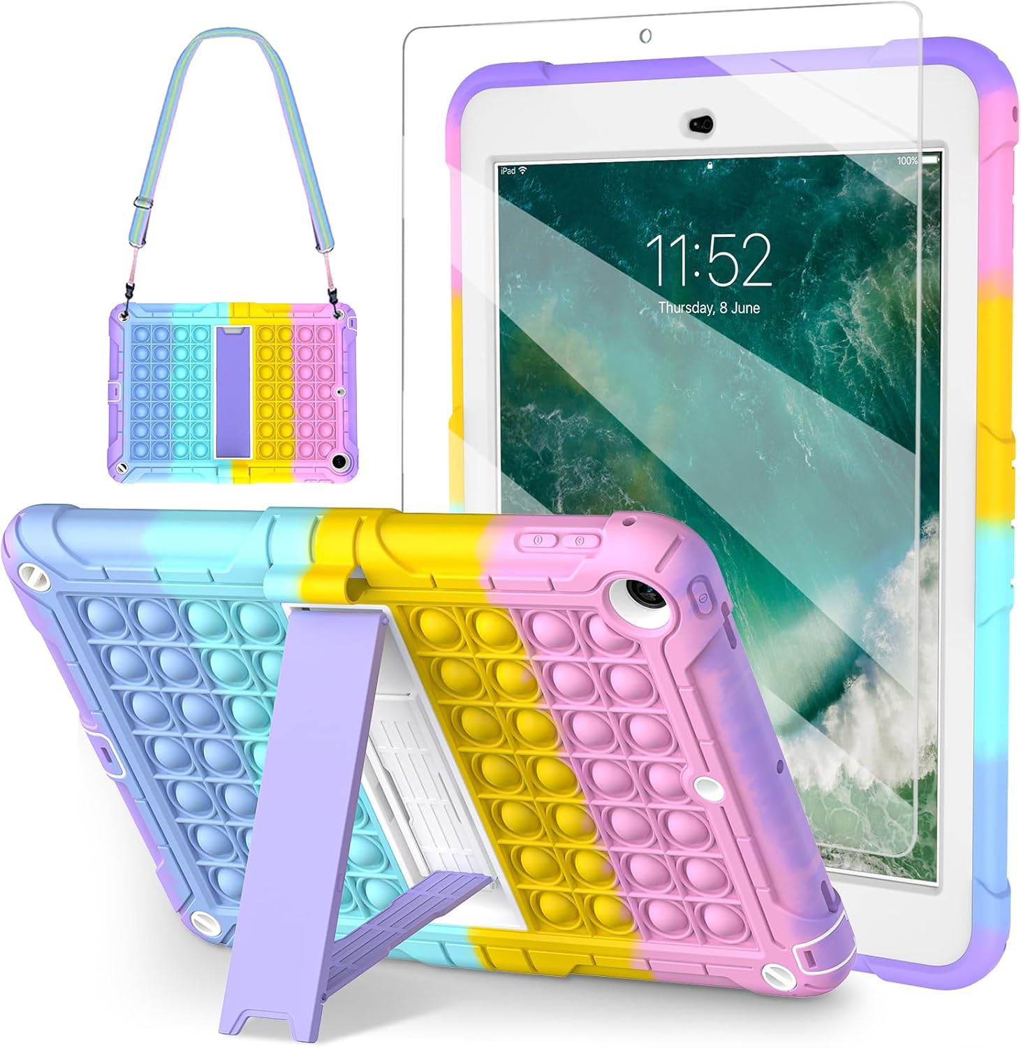 TSQQST iPad 5th/6th Generation Case Pink Purple for Kids Girls with Glass Screen Protector 2017 2018 | iPad Air 2 Case w/Stand+Strap+Pencil Holder | Shockprooof Case for iPad Pro 9.7 Inch | Colorful