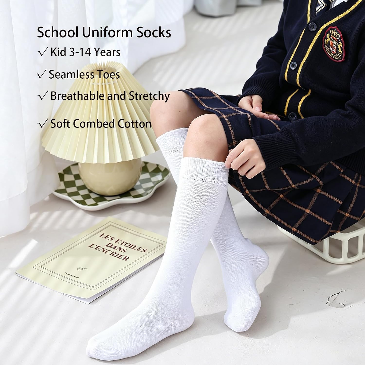 6 Pairs Girls Knee High Socks, Seamless Toe Cotton School Uniform Socks for Kids Age 3-15, White Black Navy