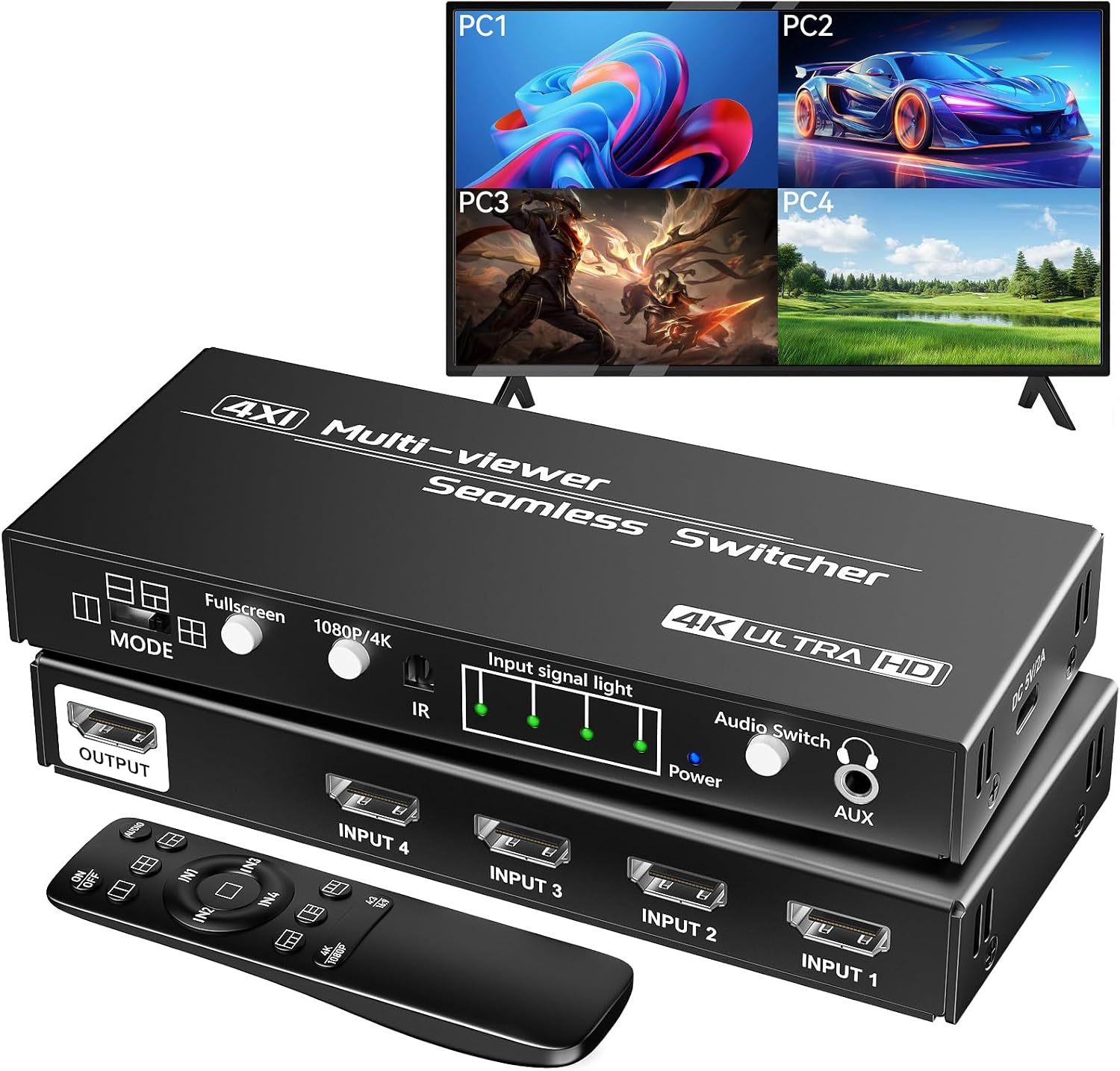 4K HDMI Multiviewer Switch 4x1 Quad Multi-Viewer Seamless Switching | with IR Remote Support 4K@30Hz 1080P@60Hz and 10 Display Modes for Security Camera, Gaming Consoles