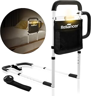 RELIANCER Bed Safety Rail for Elderly Adult w/Motion Light & Storage Pocket,Dual Handle Assist Grab Bar for Seniors,Adjustable Bedside Support Railing,Bed Side Assist Guard Rail,Bedside Hand Guard Bar