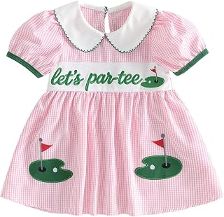 Toddler Girl Golf Birthday Dress Let's Par-Tee Embroidery Plaid Gingham Baby Girl Golfing Theme Party Outfit