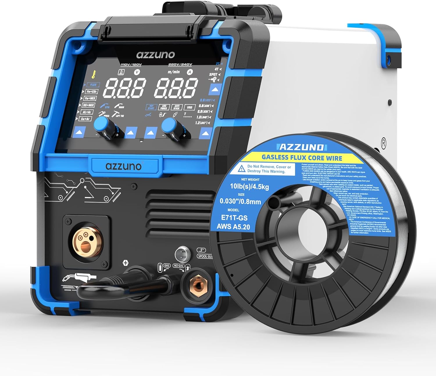 AZZUNO 200A MIG Welder & .030" 10LBS Flux Core Mig Welding Wire, 110V/220V 8 in 1 Welder Machine Aluminum MIG/Gas MAG/Gasless Flux Core MIG/Gas MIG/Spot MIG/Spool Gun Compatible/Lift TIG/Stick Welding