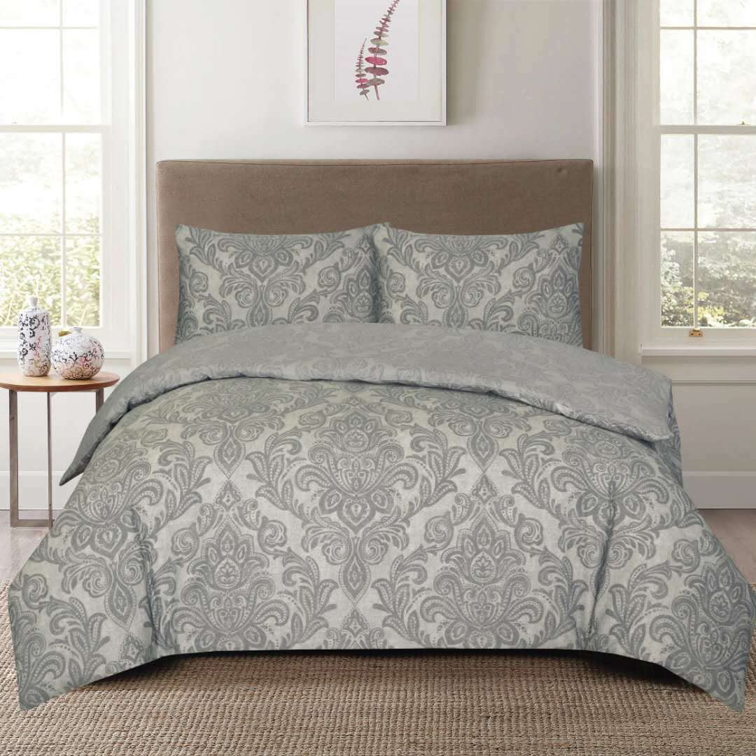 3 Pieces Duvet Cover Set With Pillowcase Cotton Rich Floral Print Bedding Set Quilt Case (Damask Grey, King)