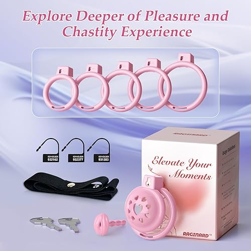 Miniatura 24 de Preciosa jaula de castidad masculina rosa, dispositivos de castidad ligeros con cabeza de silicona suave, 6 anillos para el pene para el pene, jaula