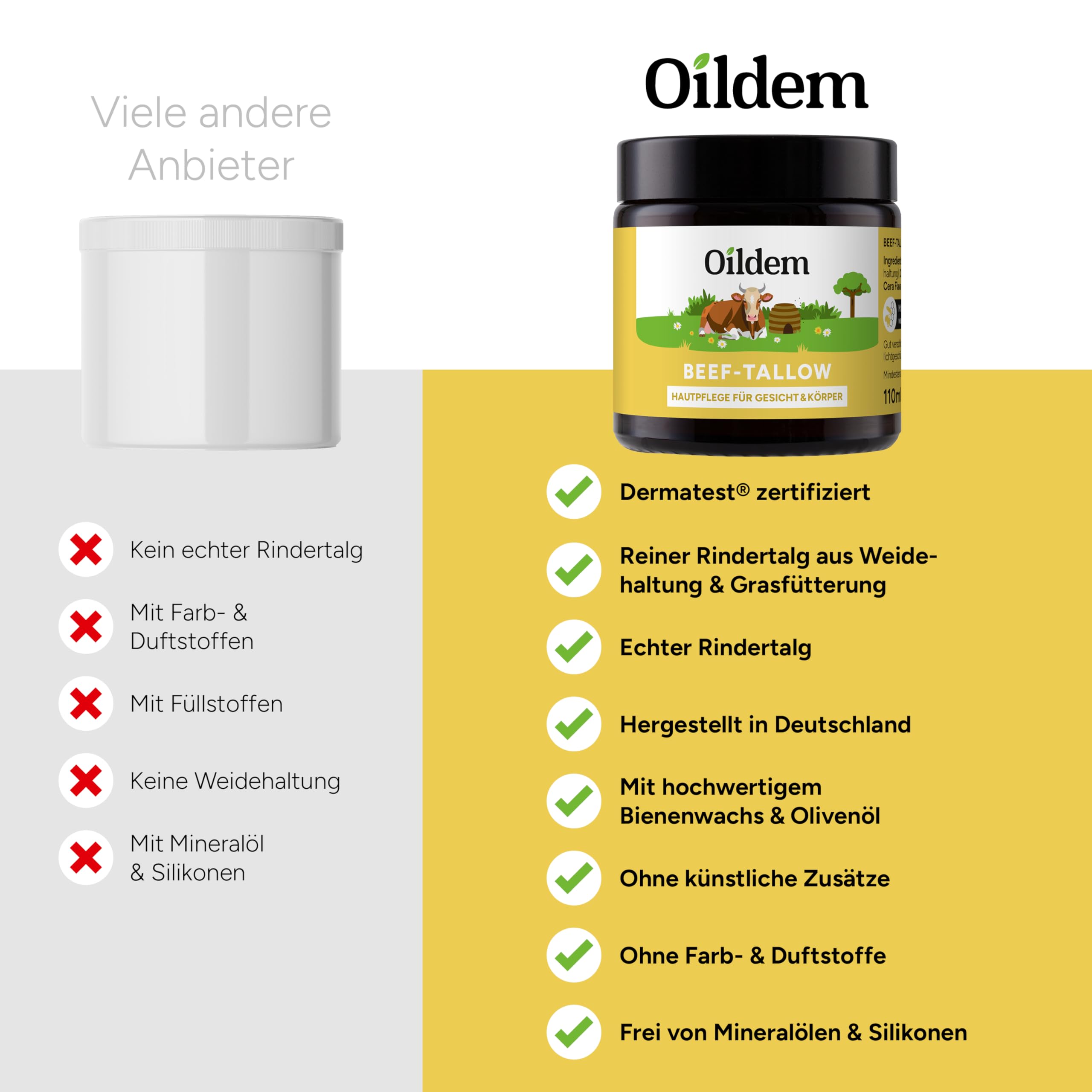 Oildem Beef Tallow Creme - Rindertalg Feuchtigkeitscreme aus grasgefütterter Weidehaltung - In Deutschland hergestellt - 110ml (Packung mit 2)