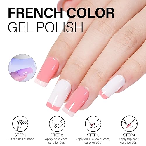 Miniatura 5 de AILLSA Juego de esmaltes de uñas de gel rosa, manicura francesa, blanco, rosa, nude, con base y capa superior, esmalte de uñas de colores rosa claro