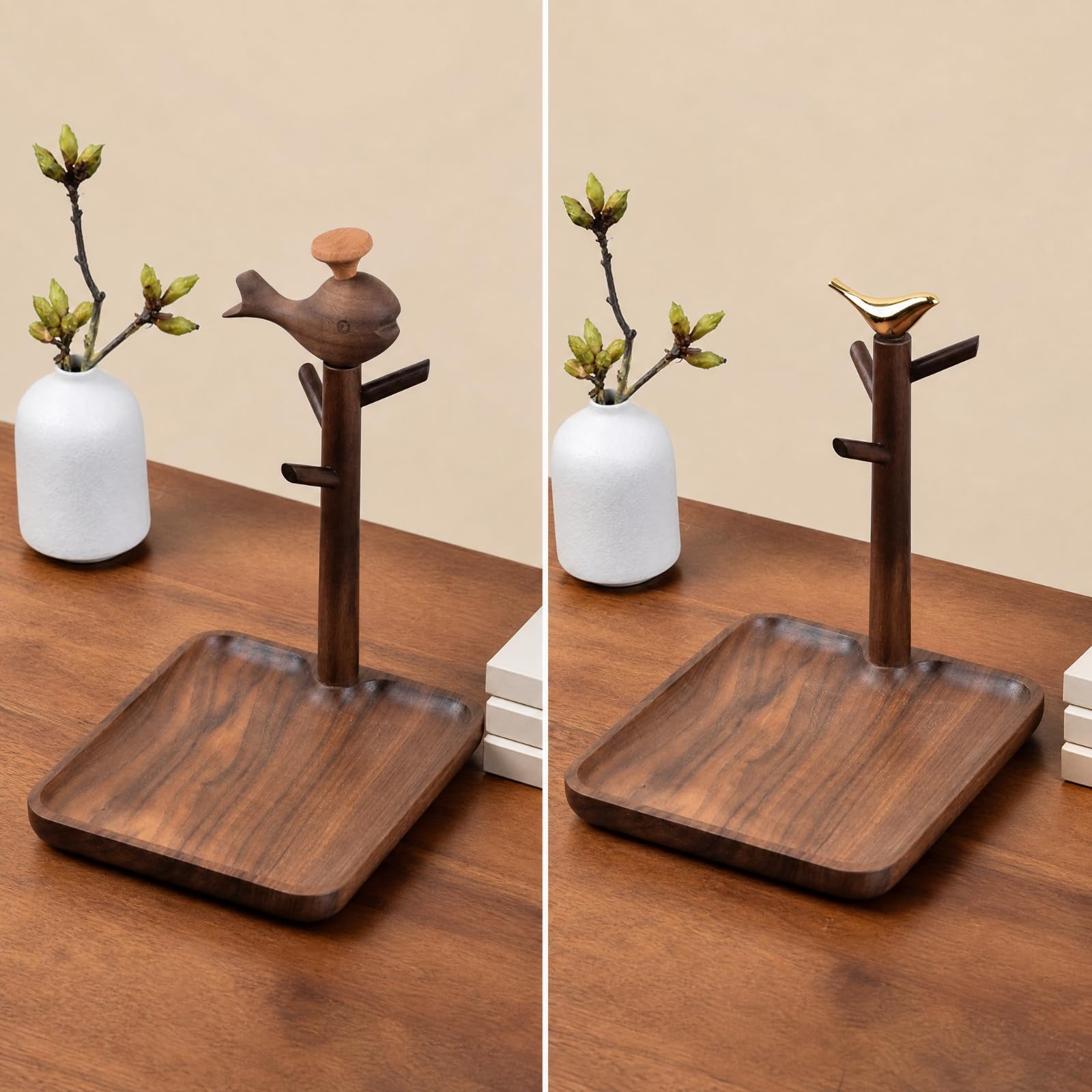 Milageto Organizador Madera Caoba con Bandeja y Perchas que Ahorra Espacio Organizador Mesa con Bandeja Recogedora Compacta Mesa Entrada, Pájaro Cuadrado