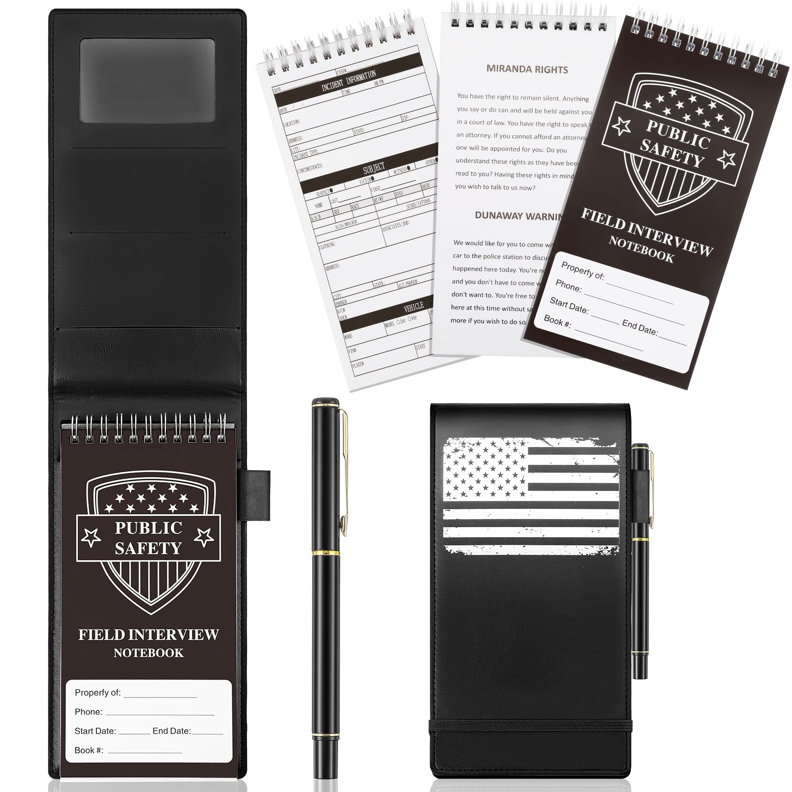 Resurhang 3 Pcs Public Safety Police Field Interview Notebook with PU Leather Cover Pen Steno Notepad Police Ticket Book Interview Equipment Accessories for Law Enforcement Incident Report, 70 Sheets