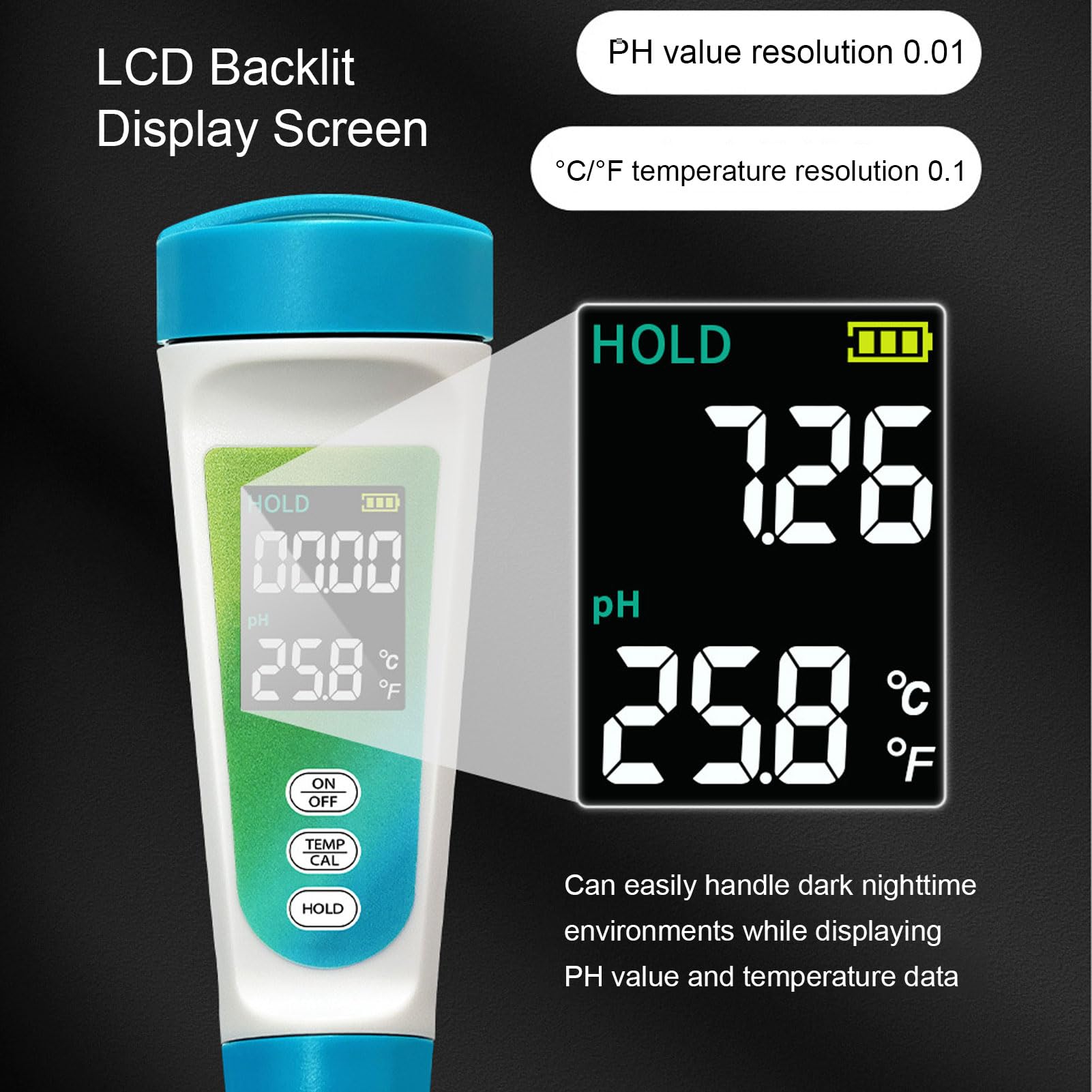 Rengue Pluma Medidora de PH, Compensación Automática de Temperatura Probador de PH Rango de de 0,00 a 14,00 con Función de Retención LCD y Kit de Calibración para Fermentación de Alimentos Prueba de