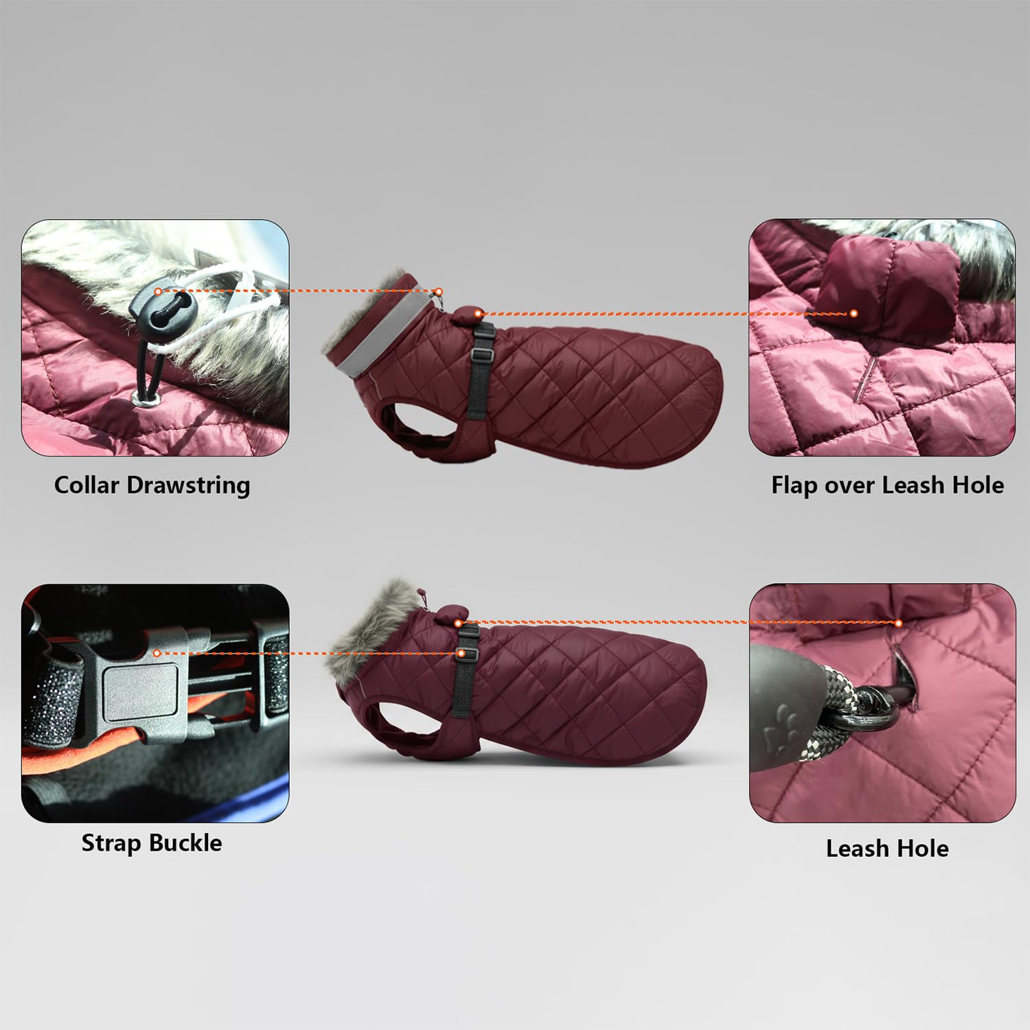 Chaqueta de invierno para perros medianos y pequeños, abrigo impermeable con cuello de piel, ropa de perro con forro polar reflectante con correa elástica, trajes para mascotas para clima frío