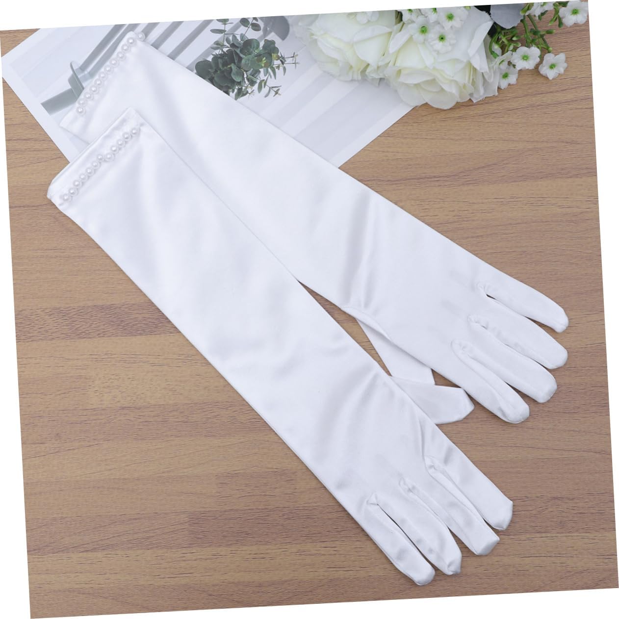 Beavorty 1 Pair Elegant Flower Girl Long Dress Gloves with Pearl Decor White for Weddings Parties Baptisms and Special Occasions Comfortable and Fashionable Dress Gloves
