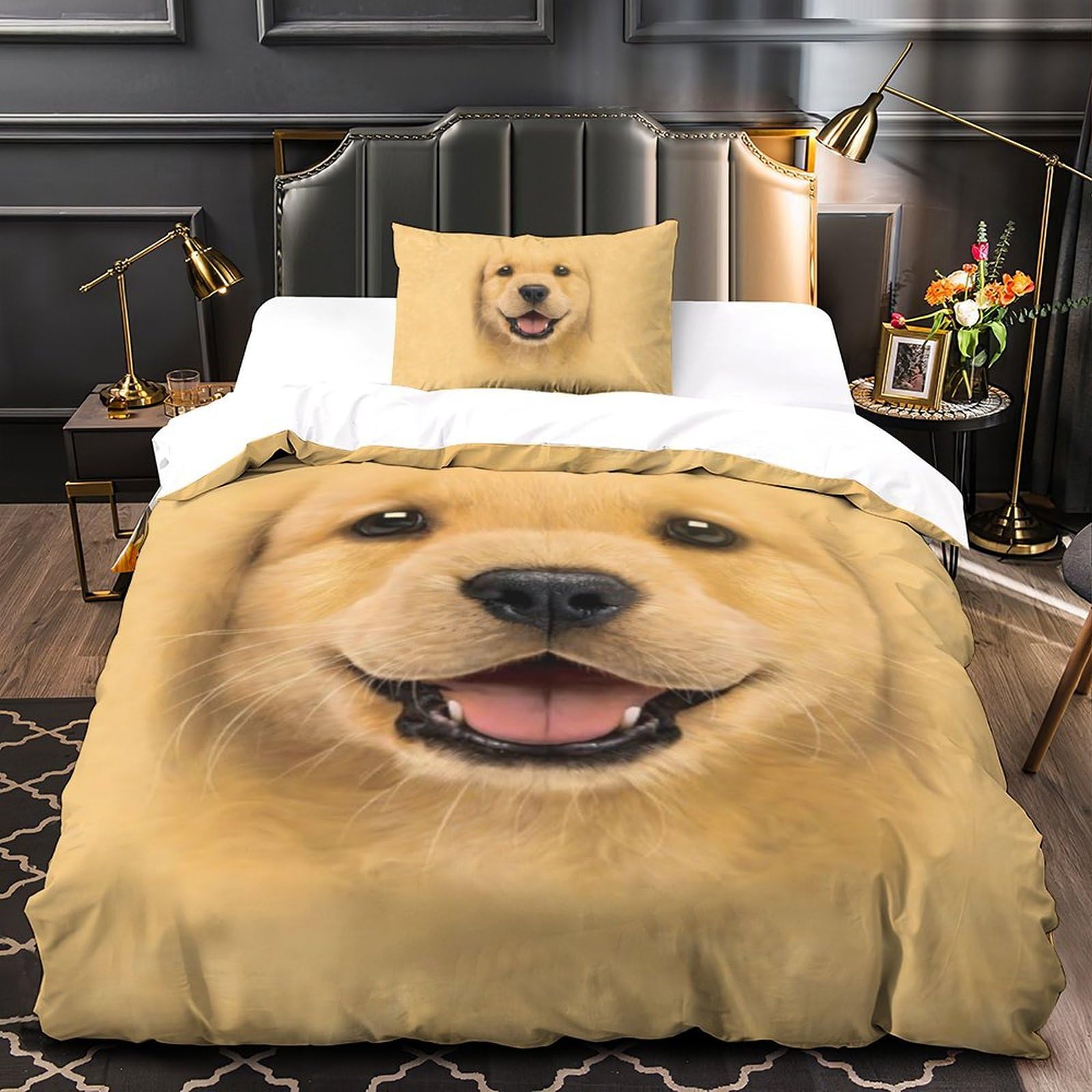 Housse de couette Golden Retriever 3D en microfibre 135x200cm pour lit simple avec taie d'oreiller