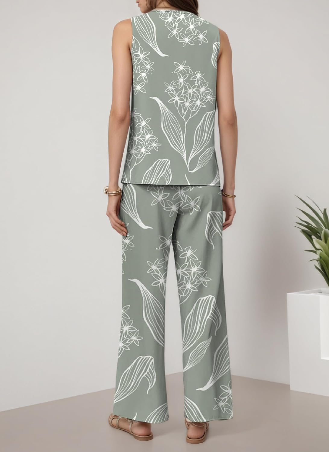 LOZ Womens Print Lounge Sets 2 Piece Outfits 2025 Summer Pants Sets Green Boho Sleeveless Tank Wide Leg Matching Tracksuits - Image 4