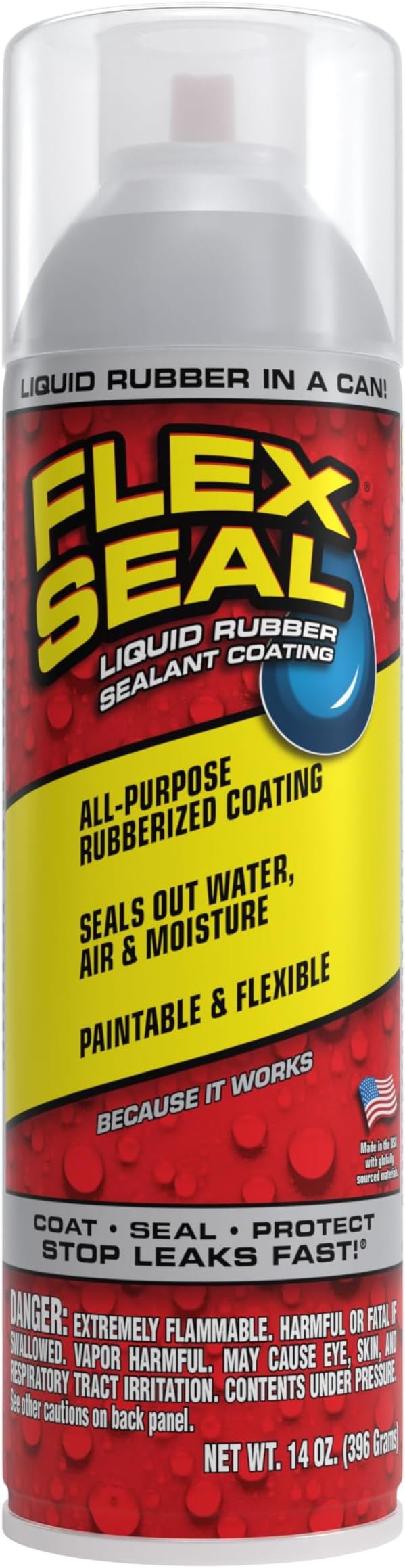 Flex Seal, 14 oz, Clear, Stop Leaks Instantly, Transparent Waterproof Rubber Spray On Sealant Coating, Perfect for Gutters, Wood, RV, Campers, Roof Repair, Skylights, Windows, and More