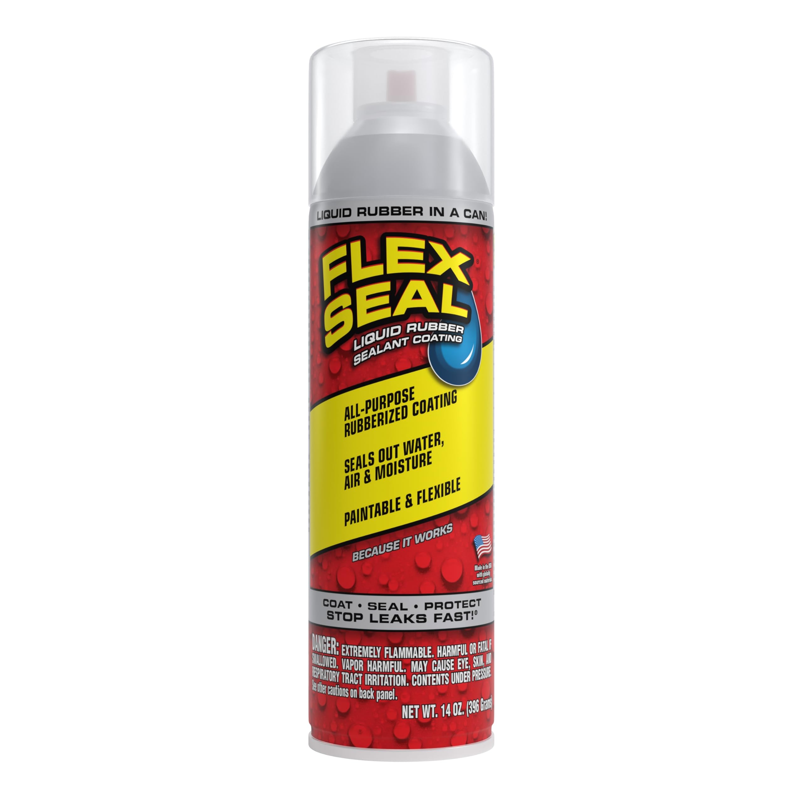 14 oz, Clear, Stop Leaks Instantly, Transparent Waterproof Rubber Spray On Sealant Coating, Perfect for Gutters, Wood, RV, Campers, Roof Repair, Skylights, Windows, and More