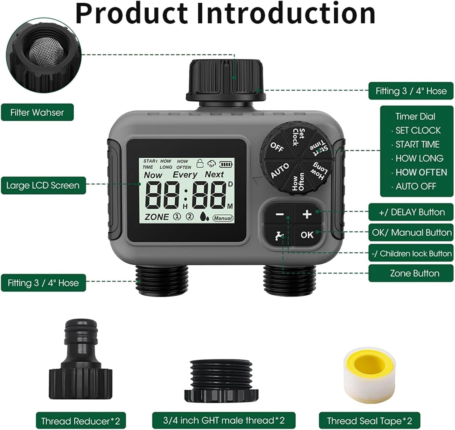 1pc 2-Outlet Mini Garden Water Timer Auto/Manual Irrigation Watering System Sprinkler Timer Programmer Display(2-Outlet US)