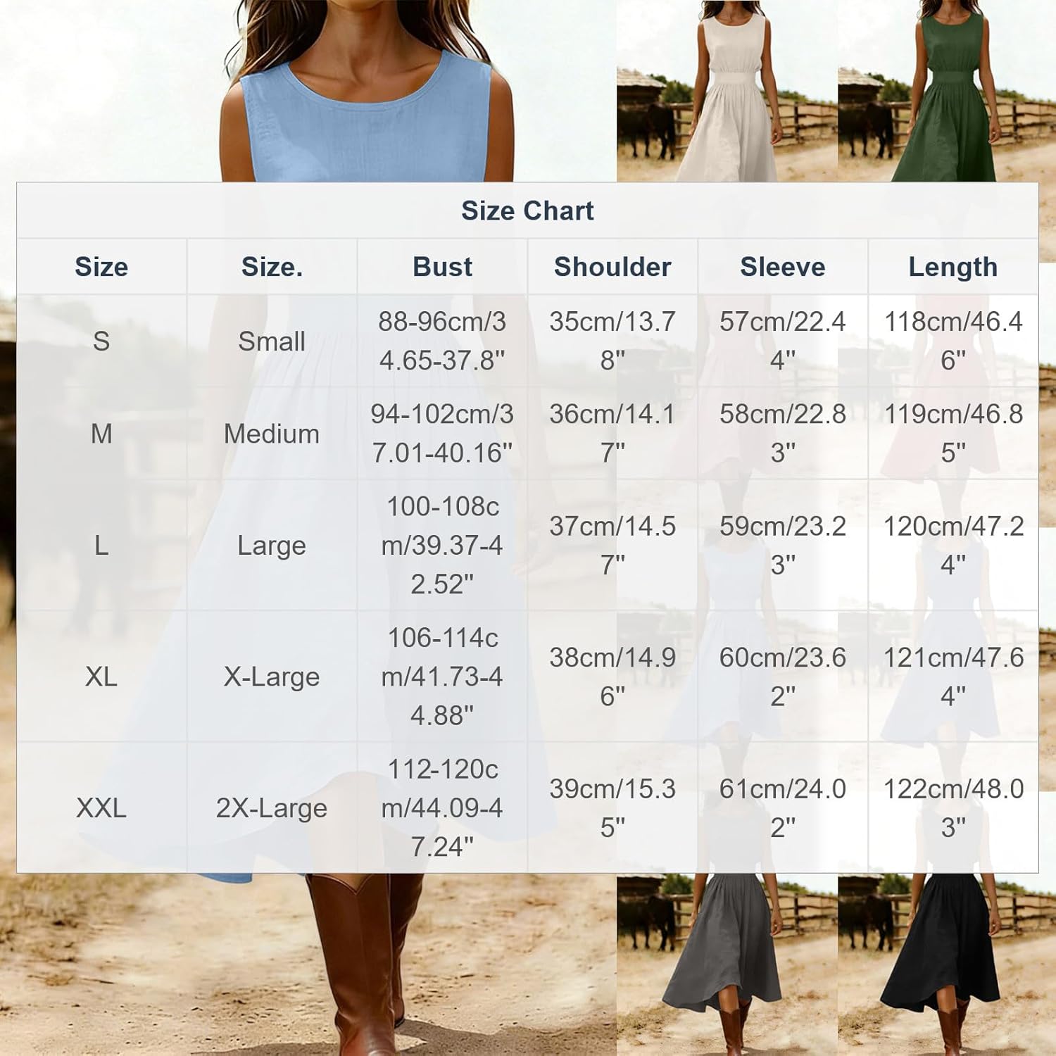 Linen Midi Dress for Women Round Neck Sleeveless Elastic Waist Dress Vintage Western Country Dresses