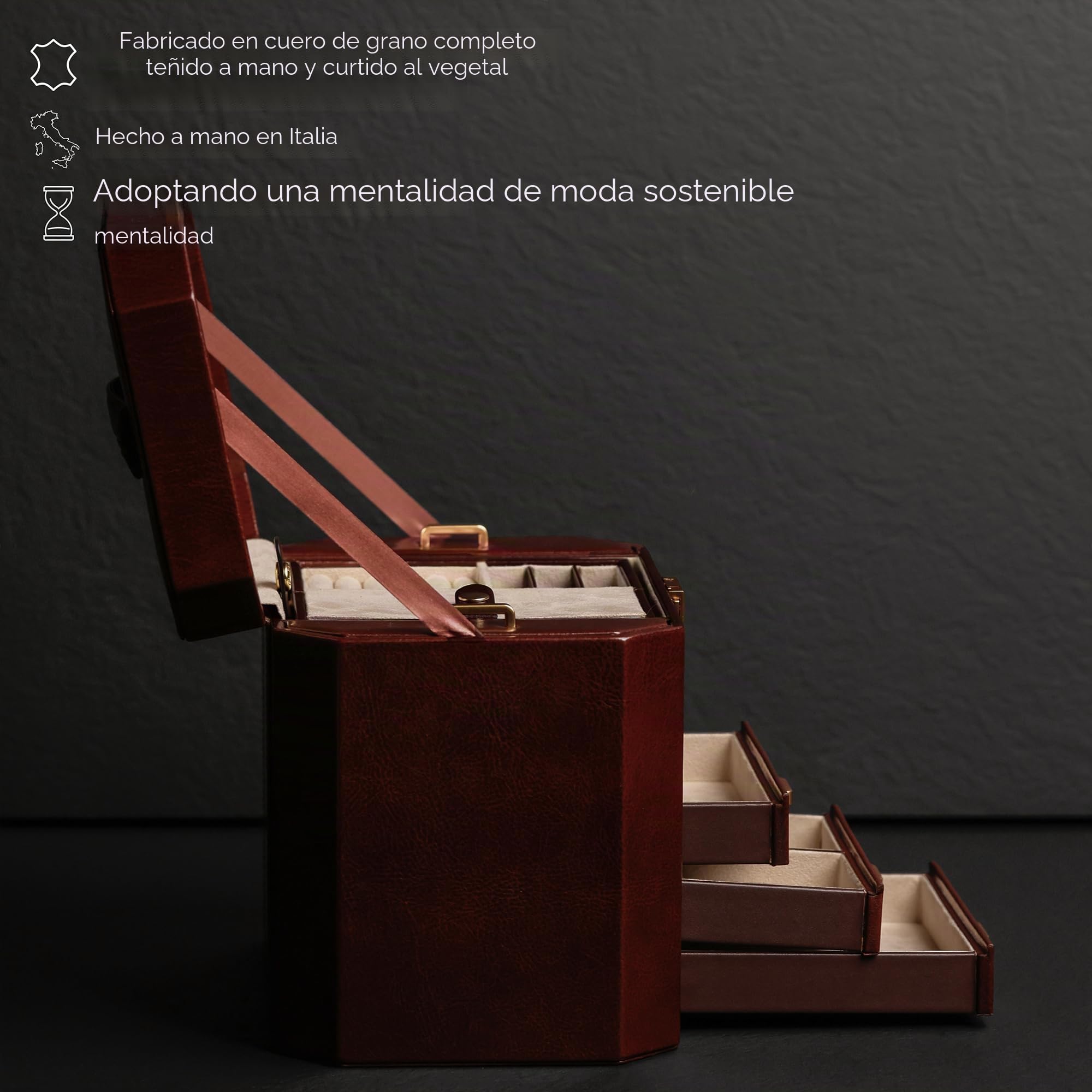 Time Resistance Joyero de Cuero - Organizador de Joyería de Cuero de Grano Completo - Caja de Almacenamiento con Bloqueo de Llave para Mujer