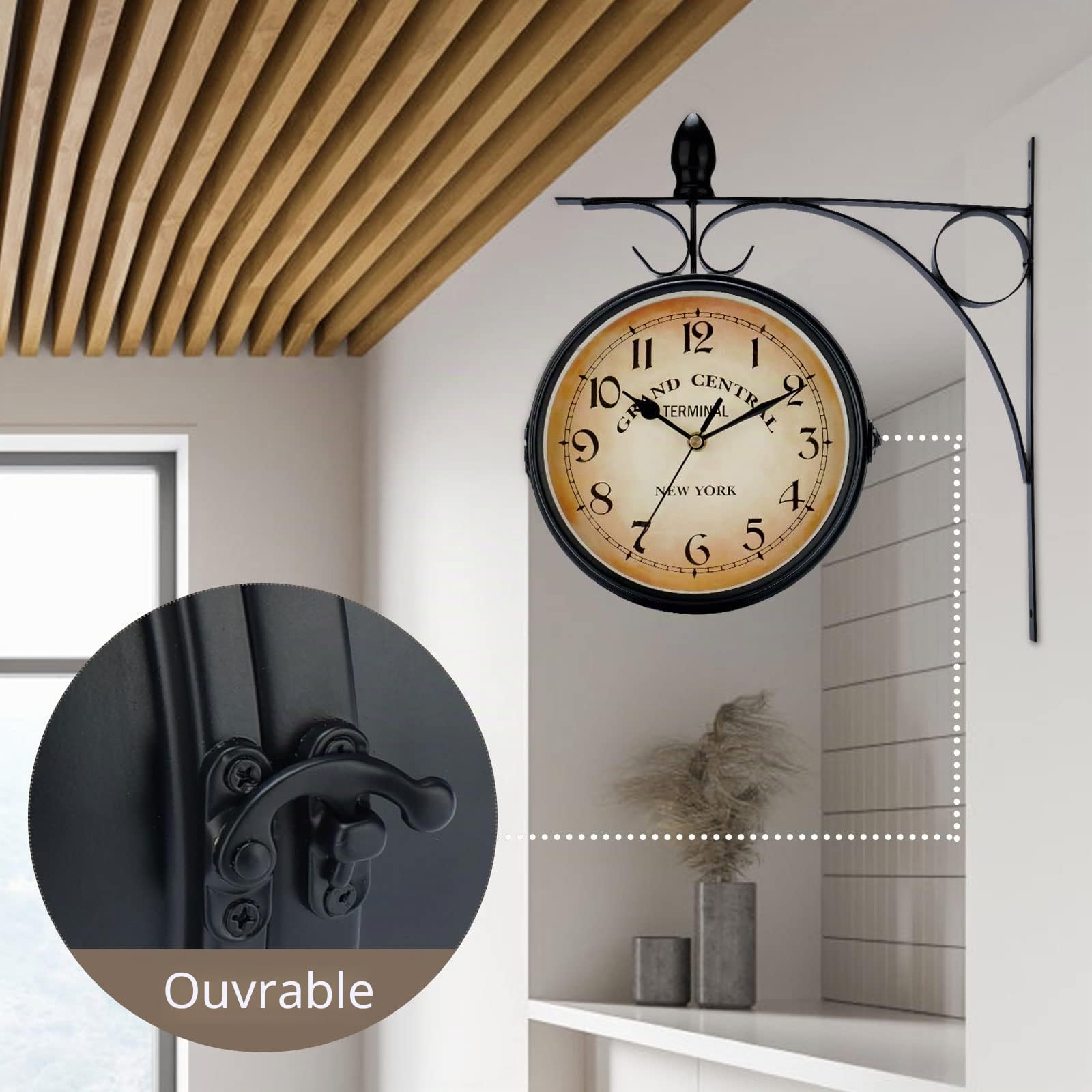 Horloge Murale Horloge Double Face avec Support, Style Rétro, Horloge de Gare New York, 25cm Grande Horloge Murale, Horloge Metal pour intérieurs et extérieurs, Jardin, Terrasse(01)