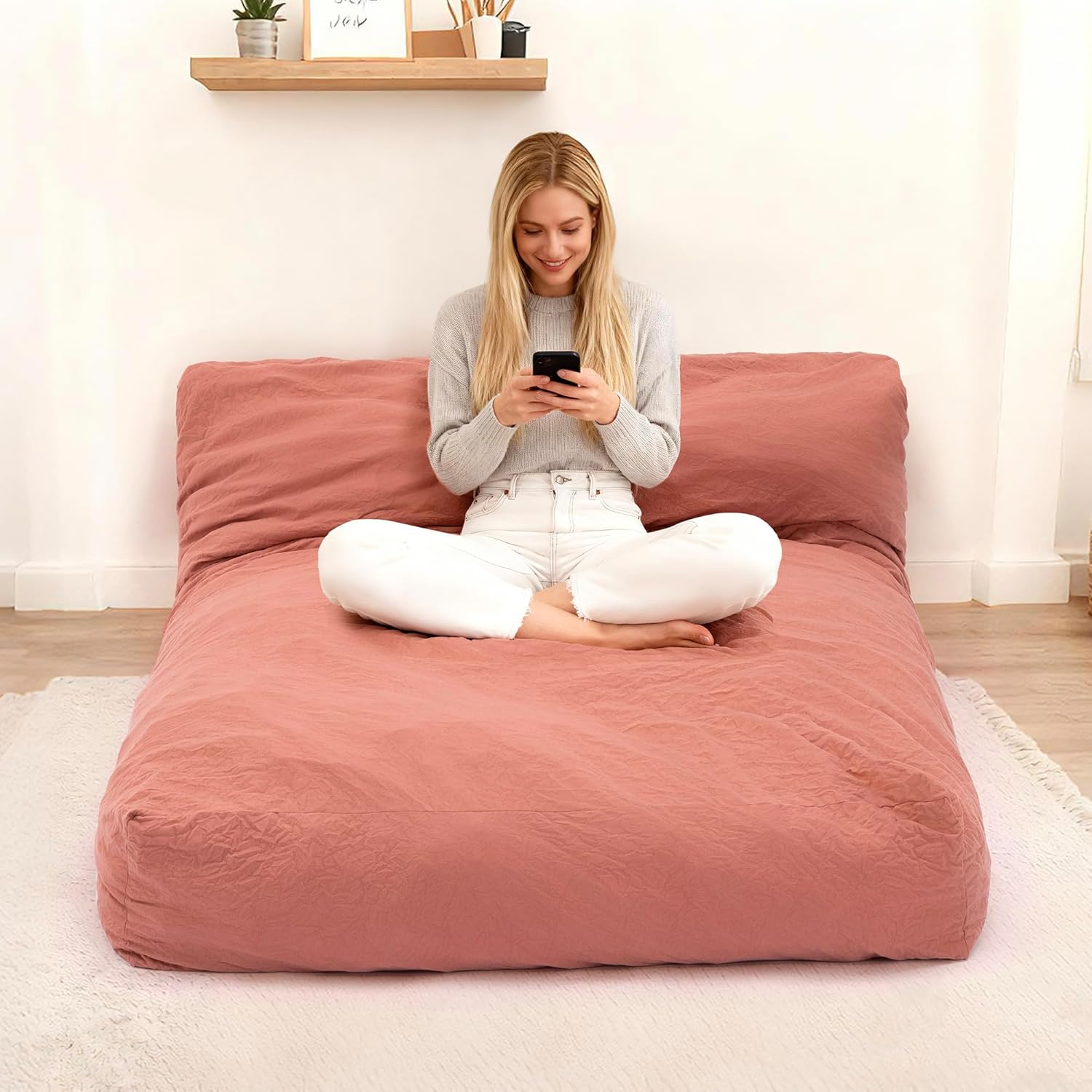 COSIEST 35.4" Dutch Velvet 3-in-1 Bean Bag Chair Adults Twin Pink Convertible Lounger Memory Foam Filled Living Room Bedroom Floor Mattress Wall-Back Lounge