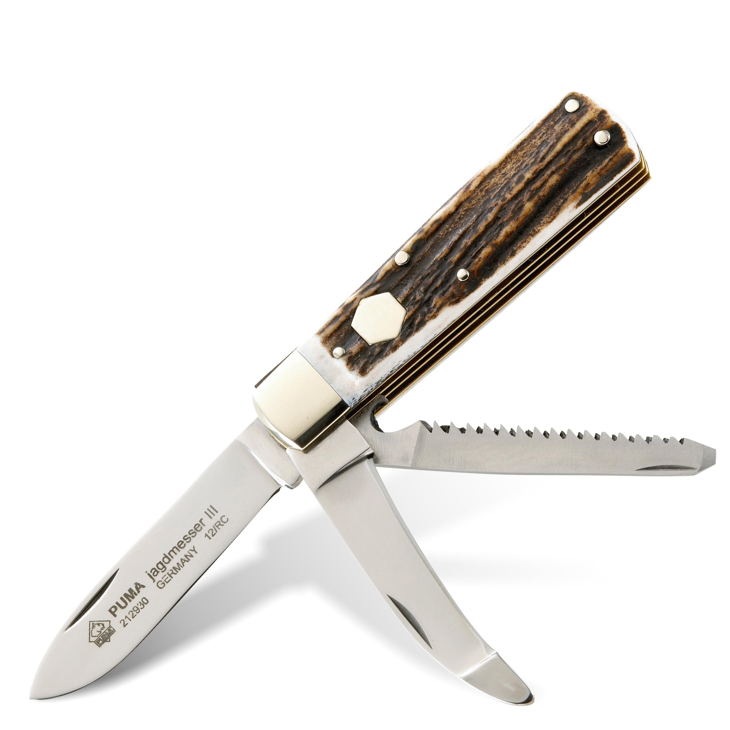 PUMA – Jagdtaschenmesser III - 76mm Klinge aus deutschem Stahl 1.4110 - Mit Knochensäge & Aufbrechklinge - Hirschhornschalen mit Gravurplatte - Handgefertigt in Solingen (Art.Nr.: 212930)
