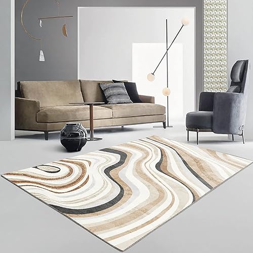 Miniatura 3 de Alfombra artística abstracta de 5 x 7 pies, crema y marrón, para dormitorio, sala, apartamento, lavable a máquina, antideslizante, suave, moderna, a
