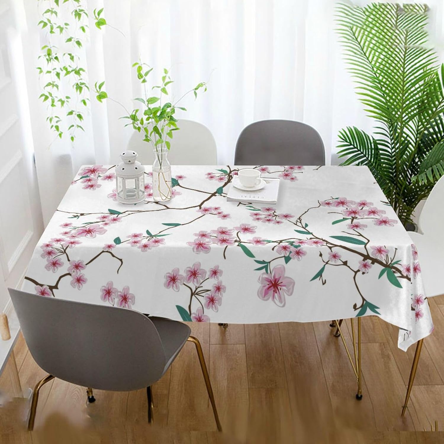 Table Decoration Party Cherry Blossom Pink Green Rectangle Table Cloth Polyester 60 x 108 Inch Dinner