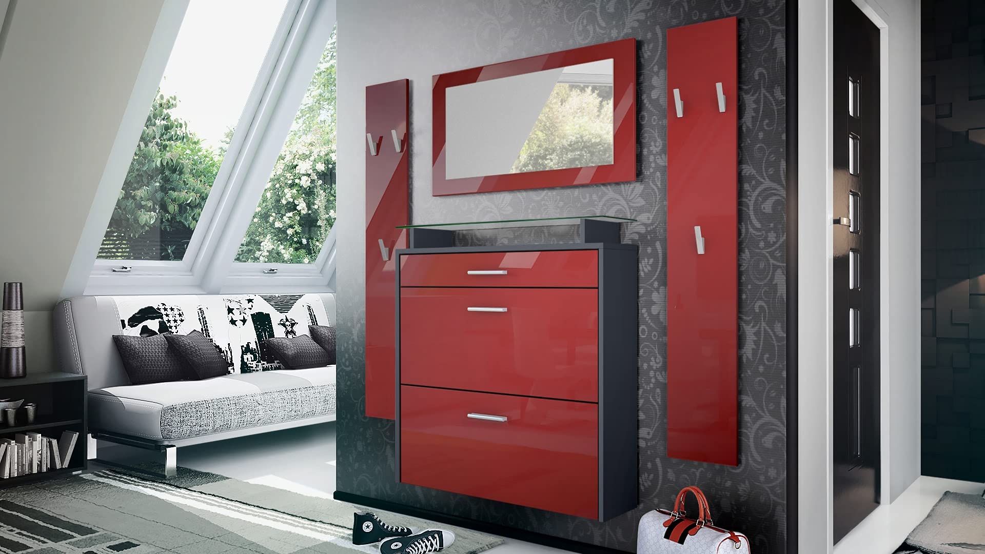 Vladon Mueble recibidor Malea, Mueble de Entrada Compuesto por 1 Zapatero Colgante, 1 Espejo de Pared y 2 Percheros, Antracita Mate/Burdeos de Alto Brillo