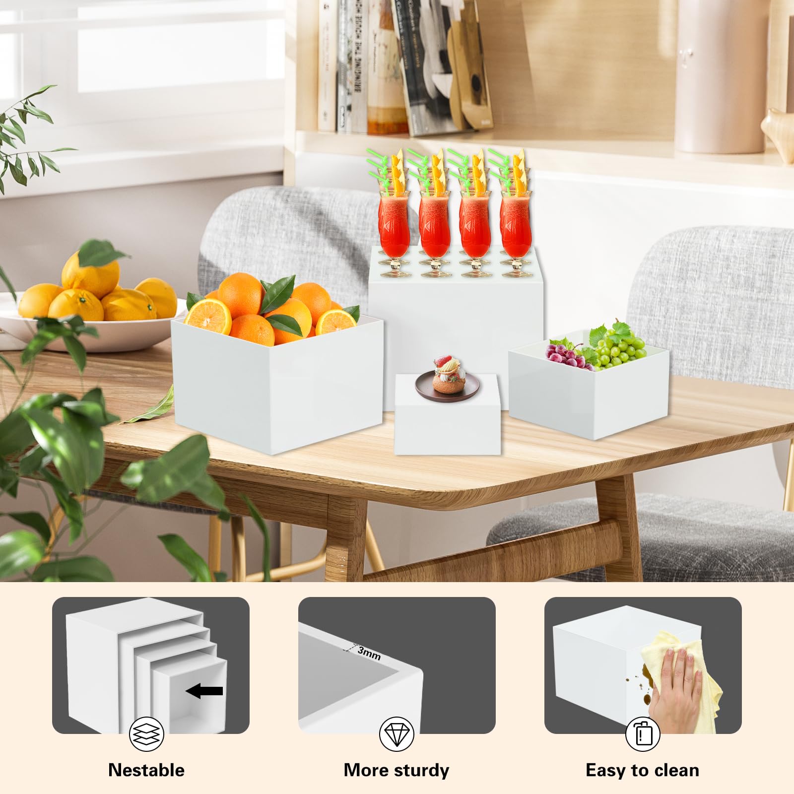 Lot de 4 rehausseurs de buffet avec base creuse en acrylique - 1,5 / 15,2 / 17,8 cm - Pour dessert, cupcakes, bijoux de collection (cube)