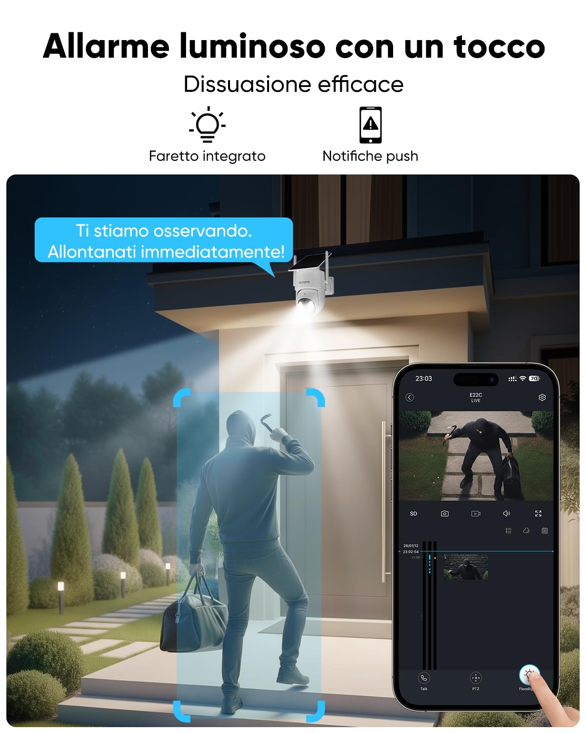 blurams 2K Telecamera Wi-fi Esterno Senza Fili con Pannello Solare | 4MP, Pannello Solare Integrato, 5GHz & 2.4GHz WiFi6, 360° PTZ, Rilevamento Movimento, IP65