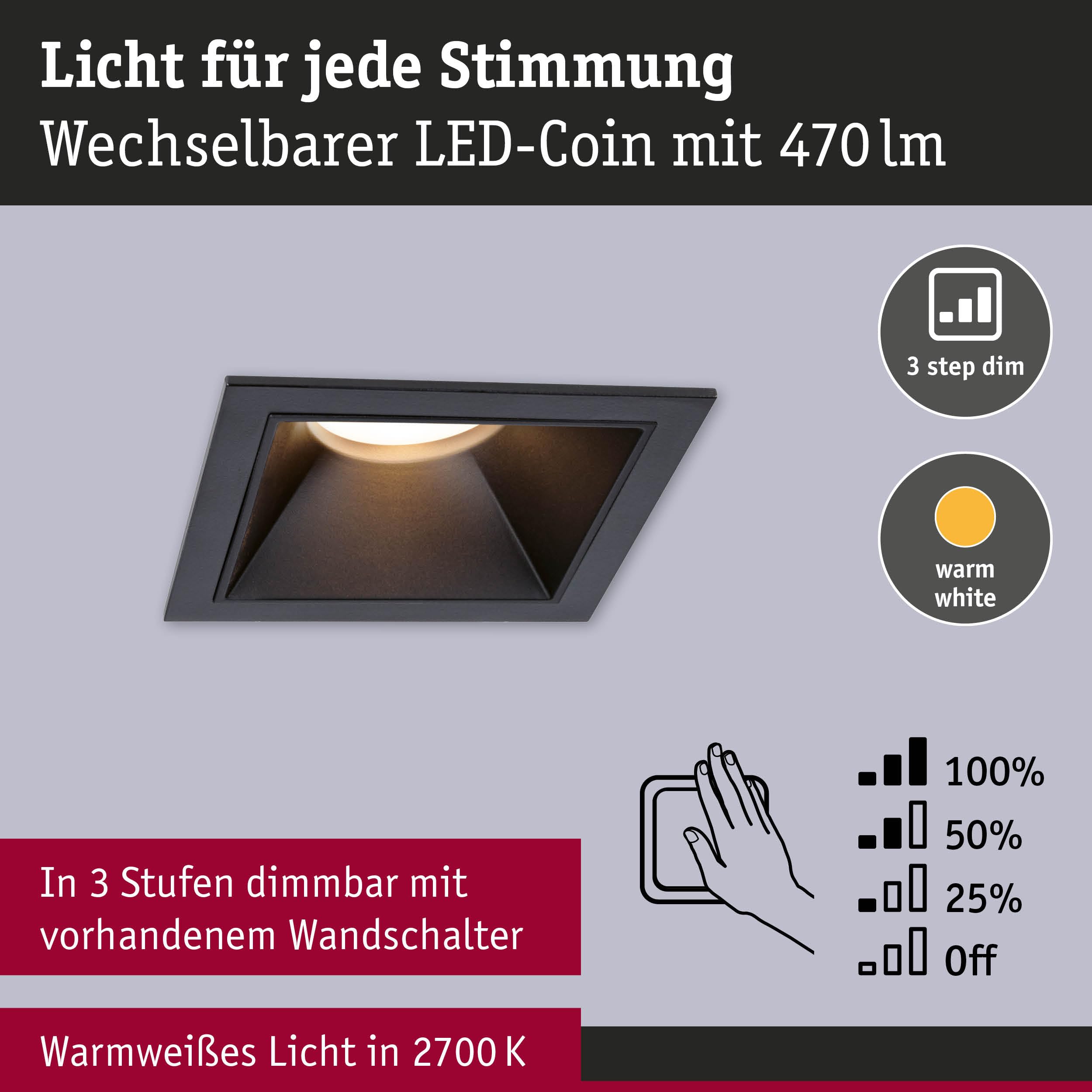 Paulmann 93125 - Foco empotrado (LED, 3 unidades, IP44, cuadrado, 88 x 88 mm, 3 x 6 W, 3 x 470 lm, 230 V, 2700 K, color negro