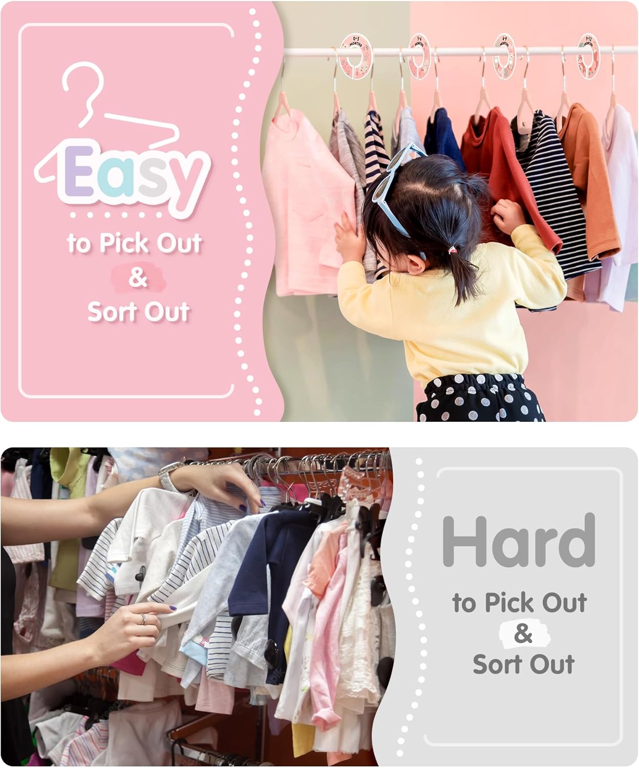 VIS'V Baby Hangers, 11 Inch Velvet Kids Hangers with 6 Pcs Clothes Size Dividers, Infant Toddler Nursery Closet Organization, Non Slip, Pink, 30 Pcs - Image 6