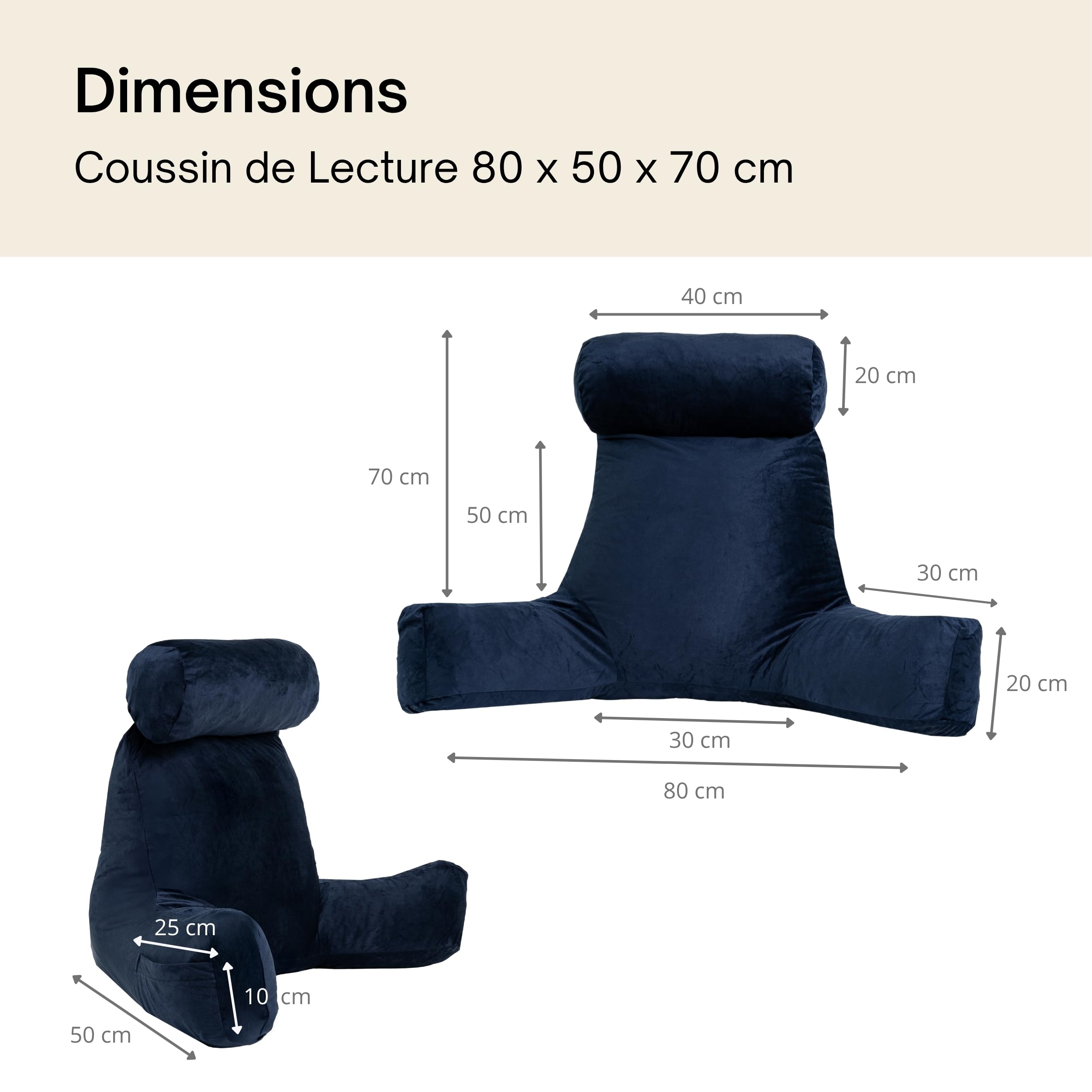 bananair - Coussin de Lecture Velours - Fabriqué en France - Housse Lavable - Soutien Dorsal Optimal - Accoudoirs Pratiques & Assise Ergonomique - Oreiller/Fauteuil de Lecture (Bleu)