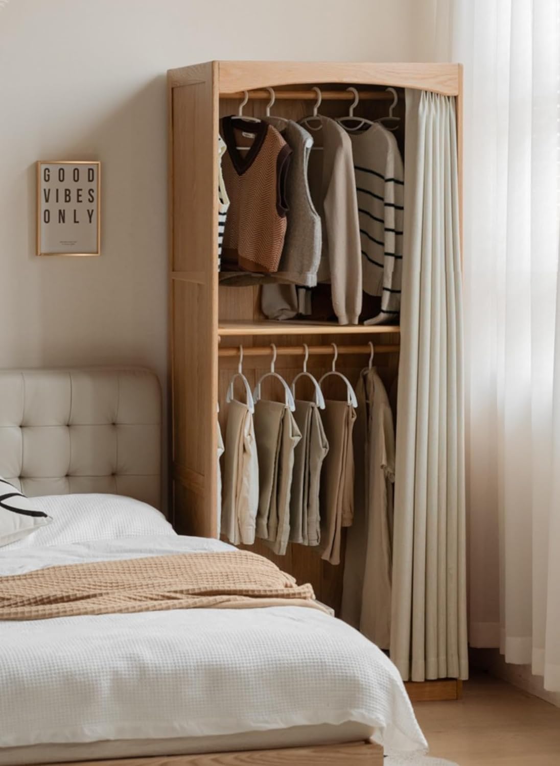 GVAwood Oak, Solid Rubberwood Wardrobe Curtain Design. 47.2x21.6x78.7inch / 120x55x200сm / Walnut Color/Rubber Wardrobe (Short Clothes + Long Clothes)