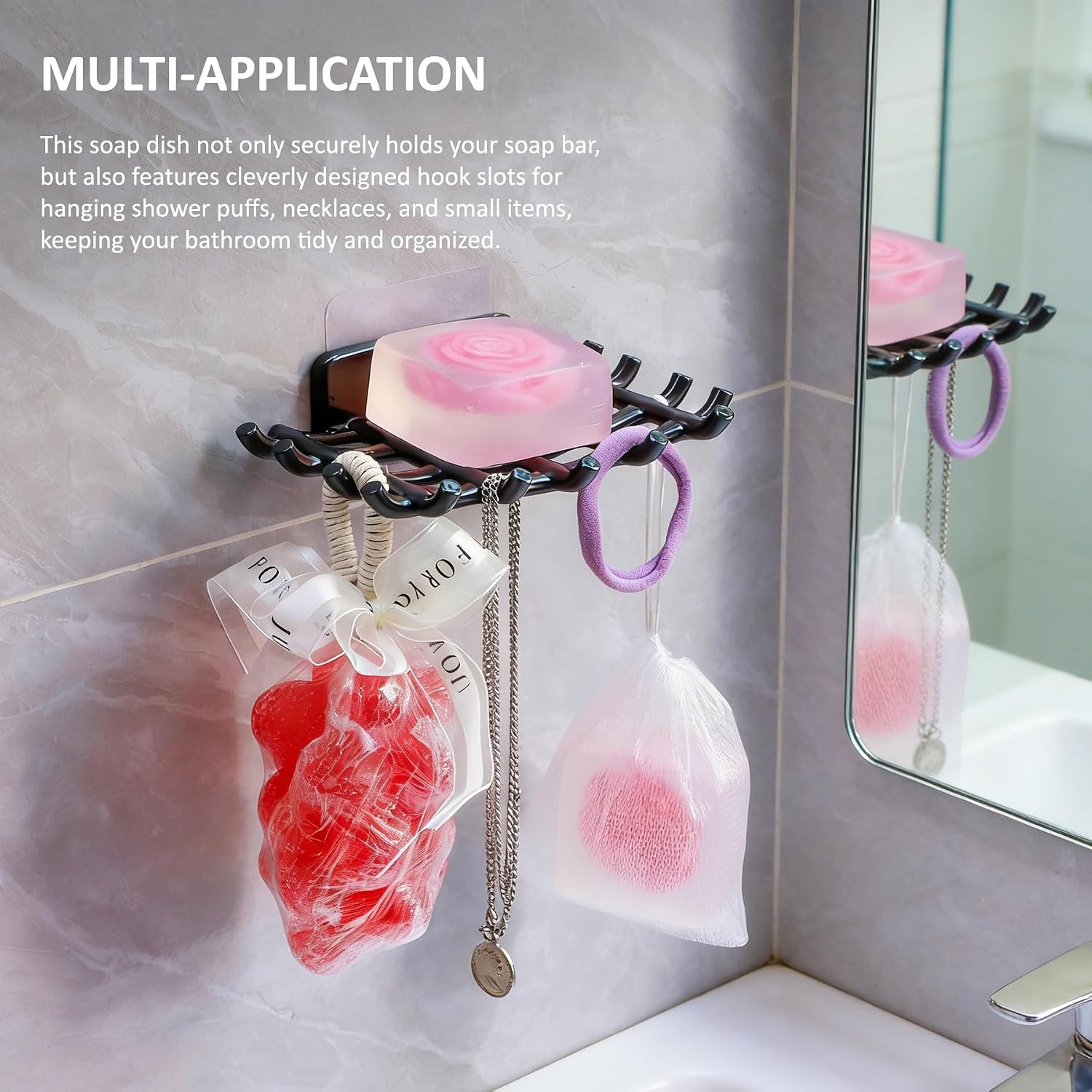 Soap Dish for Shower Wall, 2 Pack Self Adhesive Bar Soap Holder No Drill, Self Draining Soap Dish with Hooks for Bathroom Bathtub Kitchen Sink, Waterproof, White