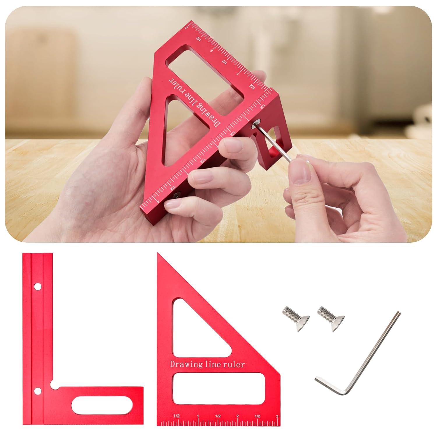 3D Multi-Angle Measuring Ruler,45/90 Degree Aluminum Alloy Measuring Ruler, Woodworking Square, Miter Triangle Ruler High Precision Layout Measuring Tool (Red(Imperial))