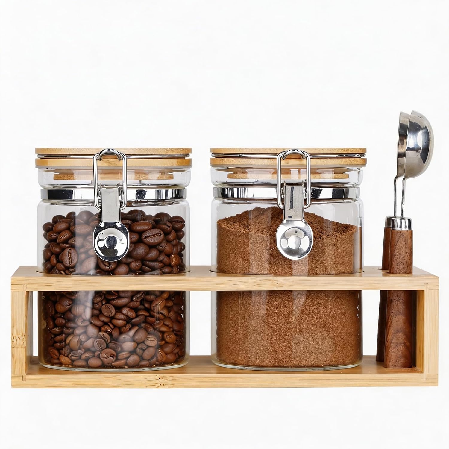 KKC Airtight Coffee Canister Set of 2 with Scoops & Bamboo Lids | 27oz Glass Coffee Jar for Ground Coffee & Beans | Clear Storage Container for Kitchen & Coffee Bar Accessories, Keeps Coffee Fresh