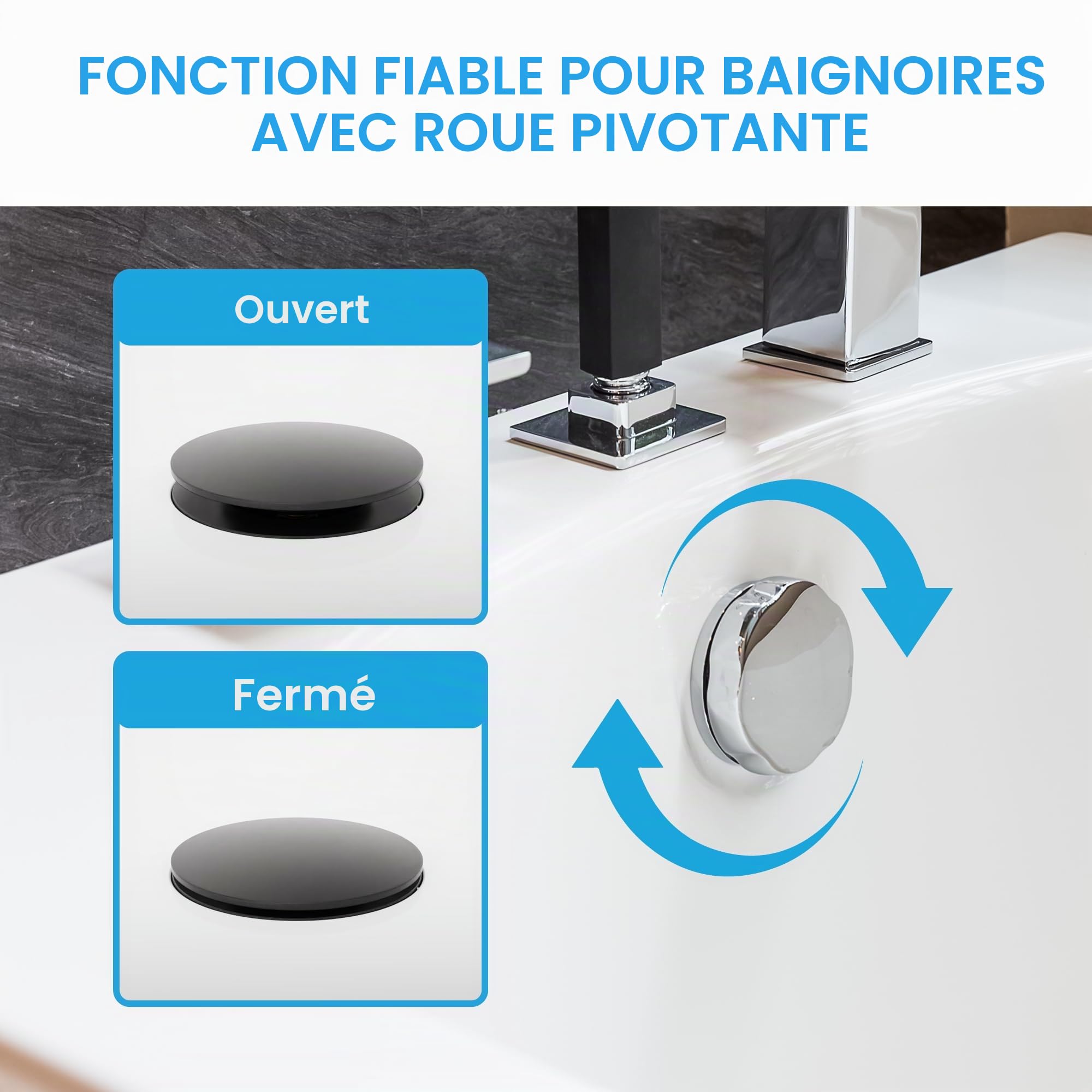 Bächlein Bouchon de Baignoire Universel - Bouchon d'Évacuation Noir Mat en Laiton Massif avec Joint de Rechange, Parfaitement Adapté pour Toute Baignoire avec Trou dans l'Écoulement > 8mm