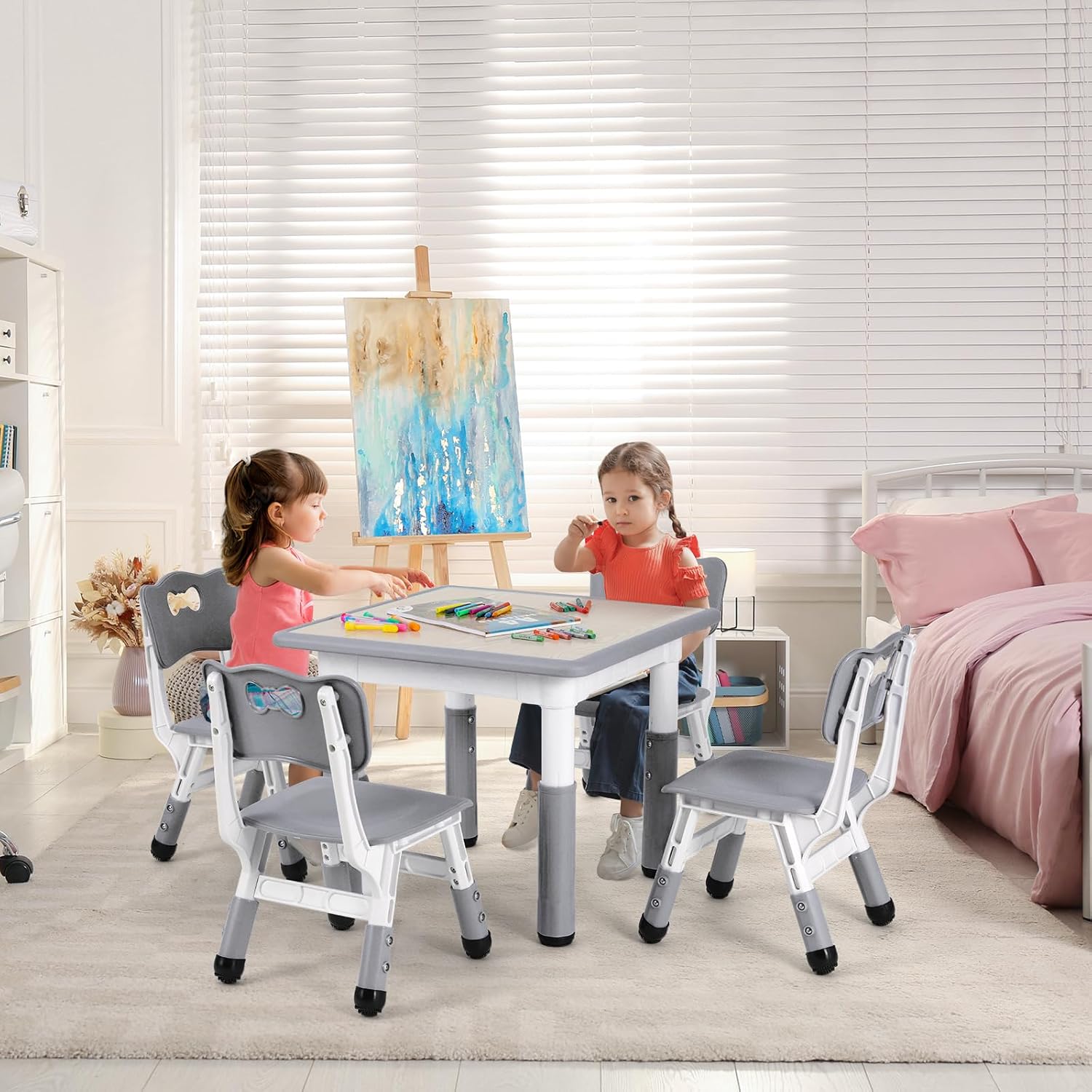 Arlopu Kids Table and 4 Chairs Set, Height Adjustable ((18.9"–23.6"), Anti-Slip Childrens Activity Desk, Wipe-Clean Desktop, Montessori Learning, Drawing for Toddler, Classroom, Home & Daycare (Grey)