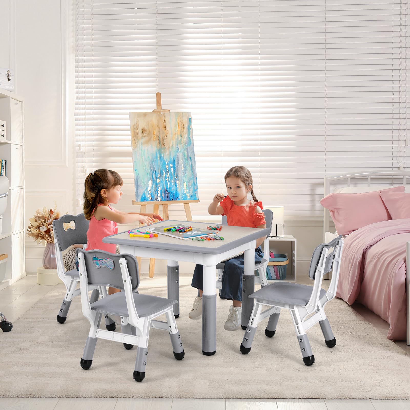 Clevich Kindertisch mit 4 Stühlen, Kinder Tisch Stuhl Set, 60x60x60CM, Plastik Kindermöbel, Höhenverstellbar Kindersitzgruppe für Kinderzimmer Schule Kindertagesstätte（Grau, Quadratischen Tisch）