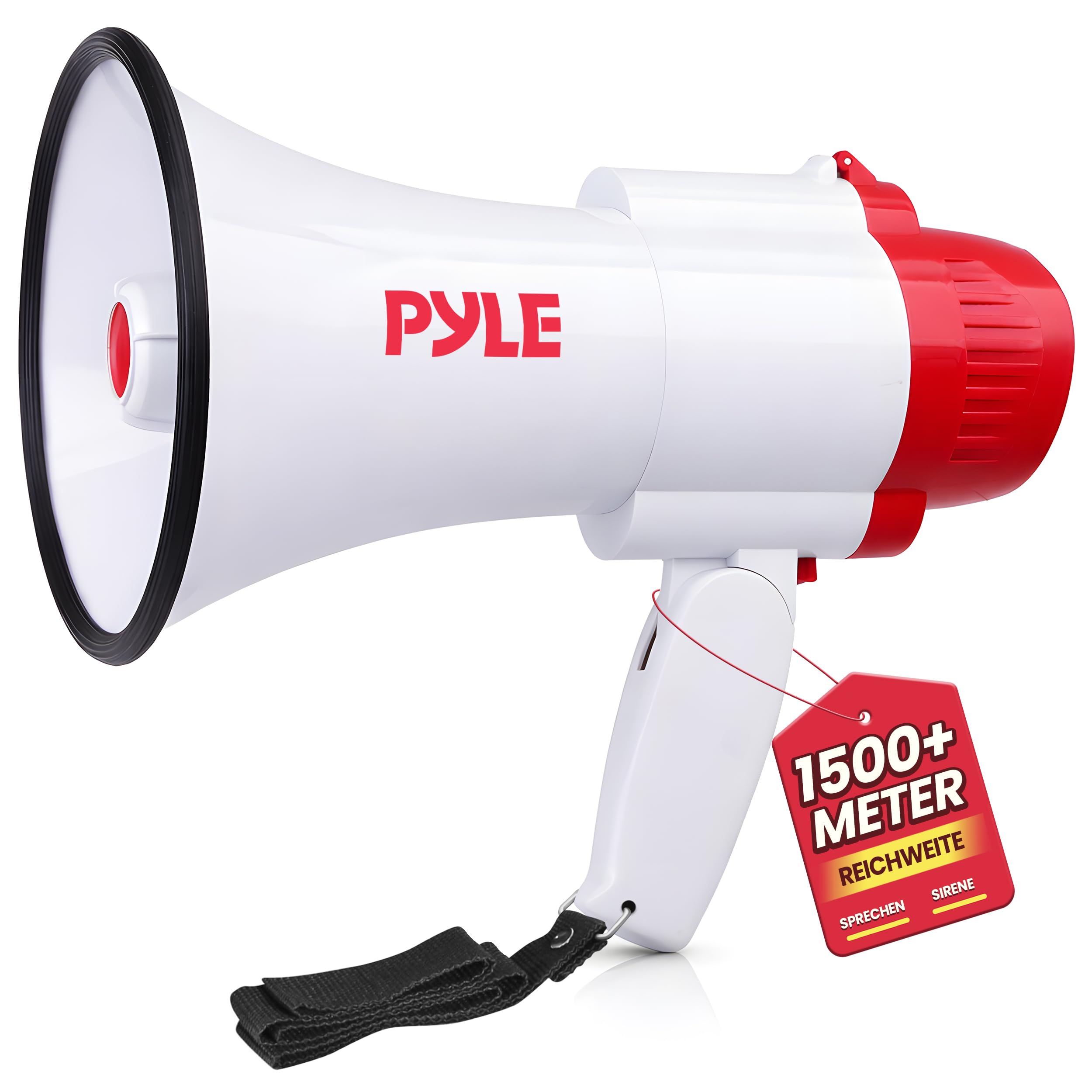Pyle Megafon 30W mit Sirene und Mikrofon – 730 m Reichweite, Faltbar Mini Lautsprecher für Durchsagen, Fußball, Event, Demo, Kinder und Erwachsene