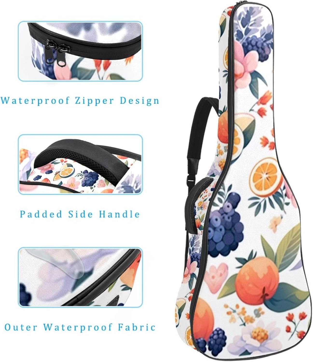 40/41/42-inch Fruit Party Acoustic Guitar Bag With Adjustable Shoulder Strap And 2 Storage Bags. Guitar Bag With Back Hanging Loop, Electric, and Classical Guitars