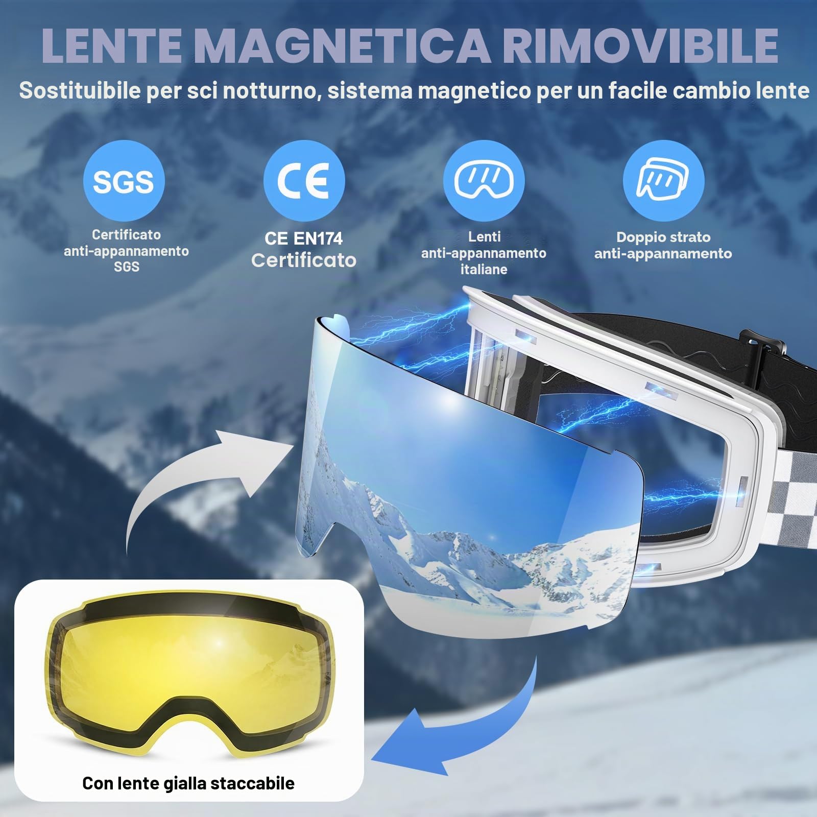 Occhiali da sci OTG, occhiali da sci da snowboard per uomo e donna, con 2 lenti magnetiche intercambiabili, anti-nebbia, protezione UV per uomini e donne, adolescenti, sci e snowboard